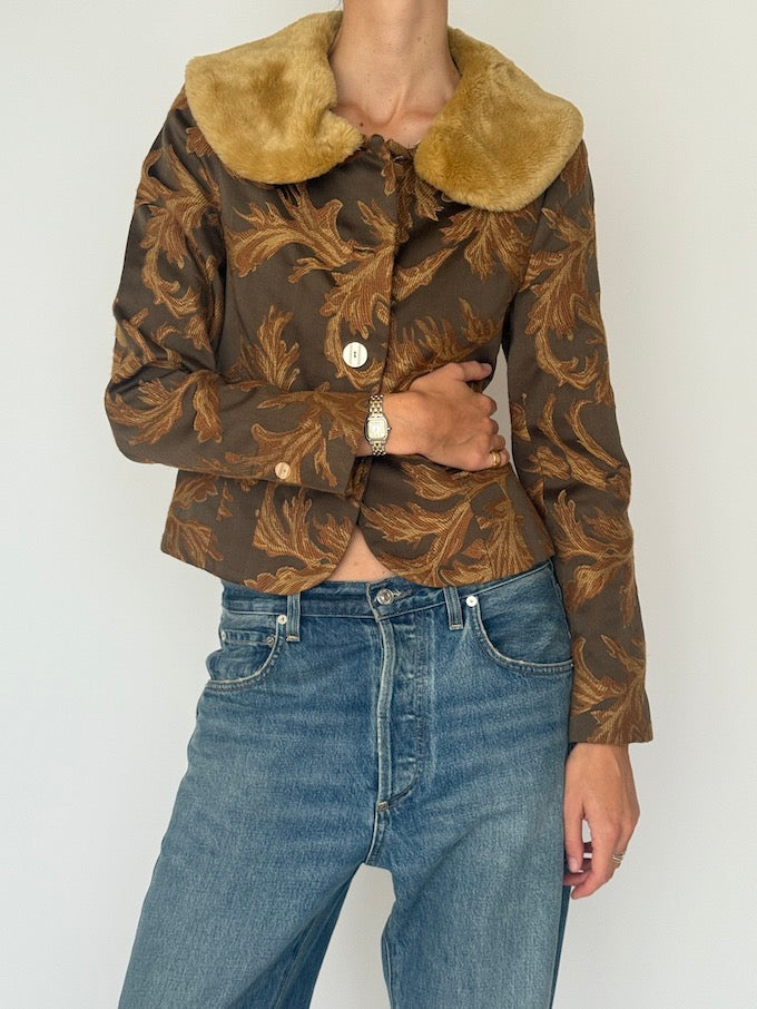 Vintage Jacquard Jacket with Faux Fur Collar 6544