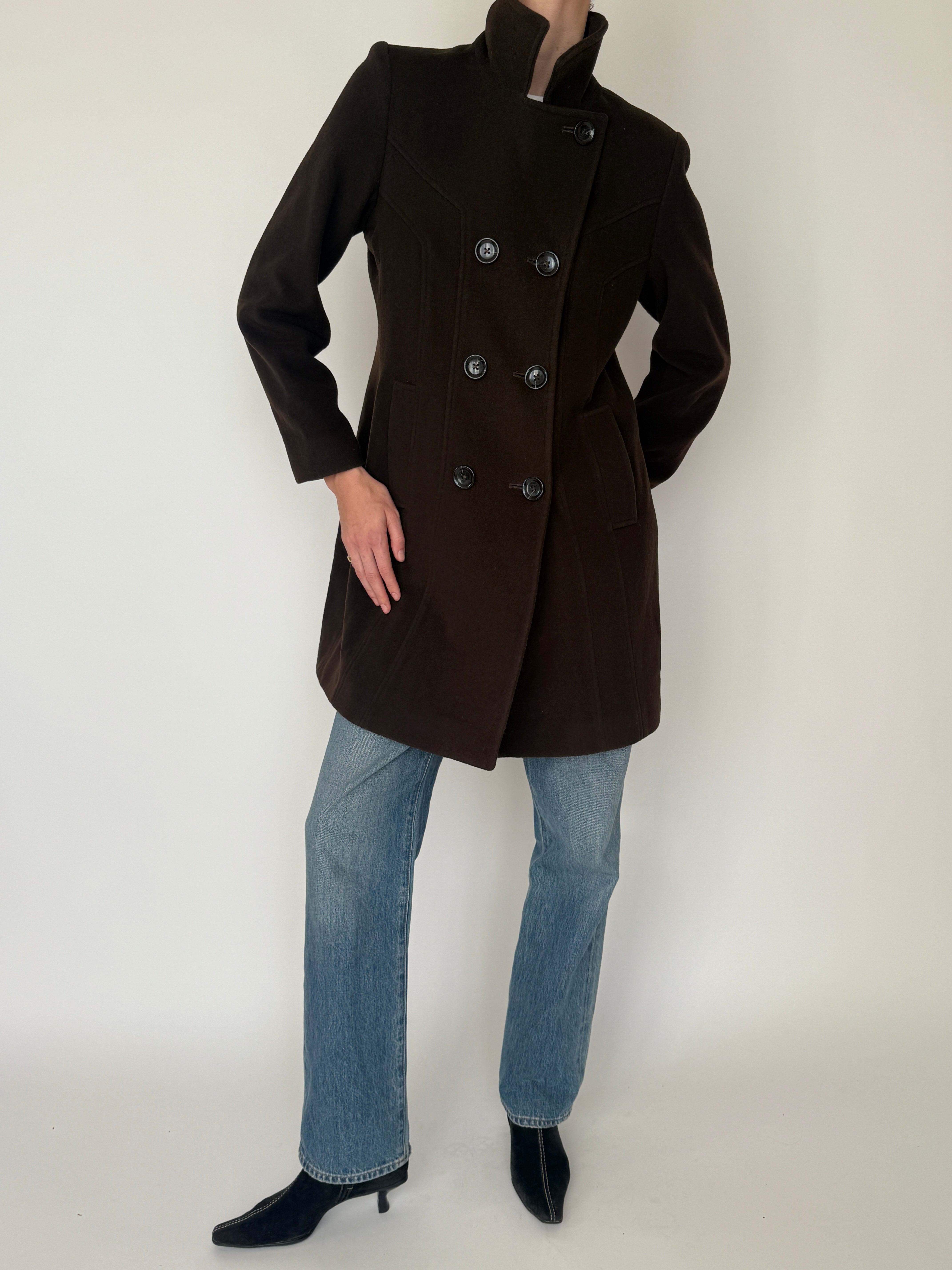 Vintage double-breasted wool coat dark brown front angle
