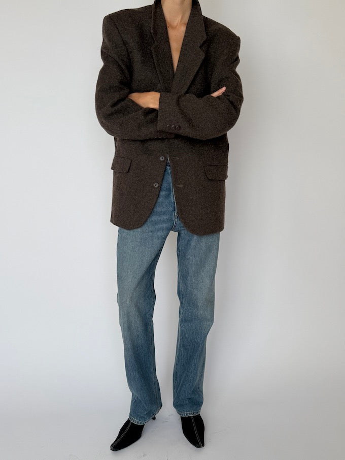 Vintage Structured Wool Blend Blazer Brown 6475