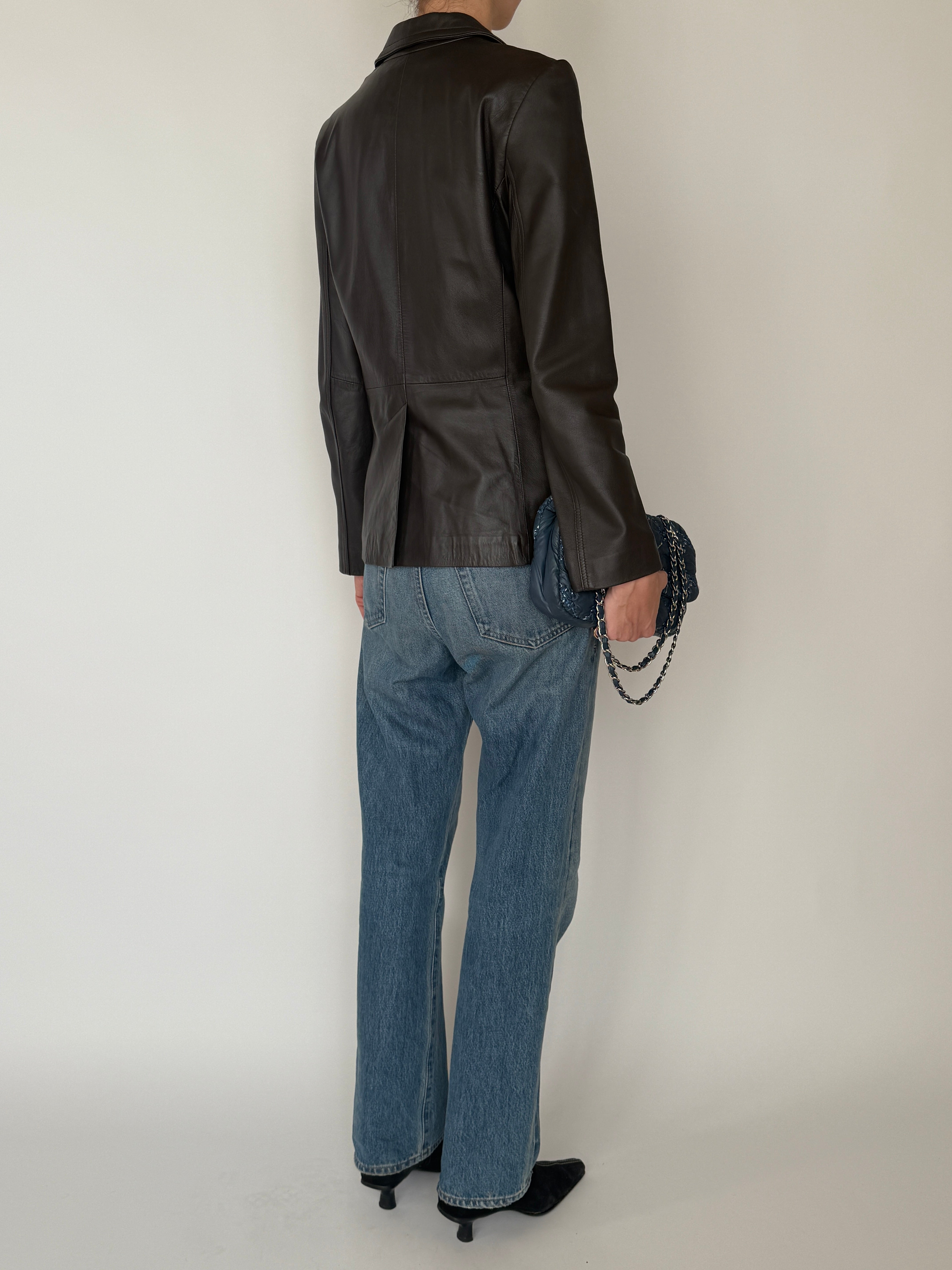 Vintage dark brown leather blazer back view