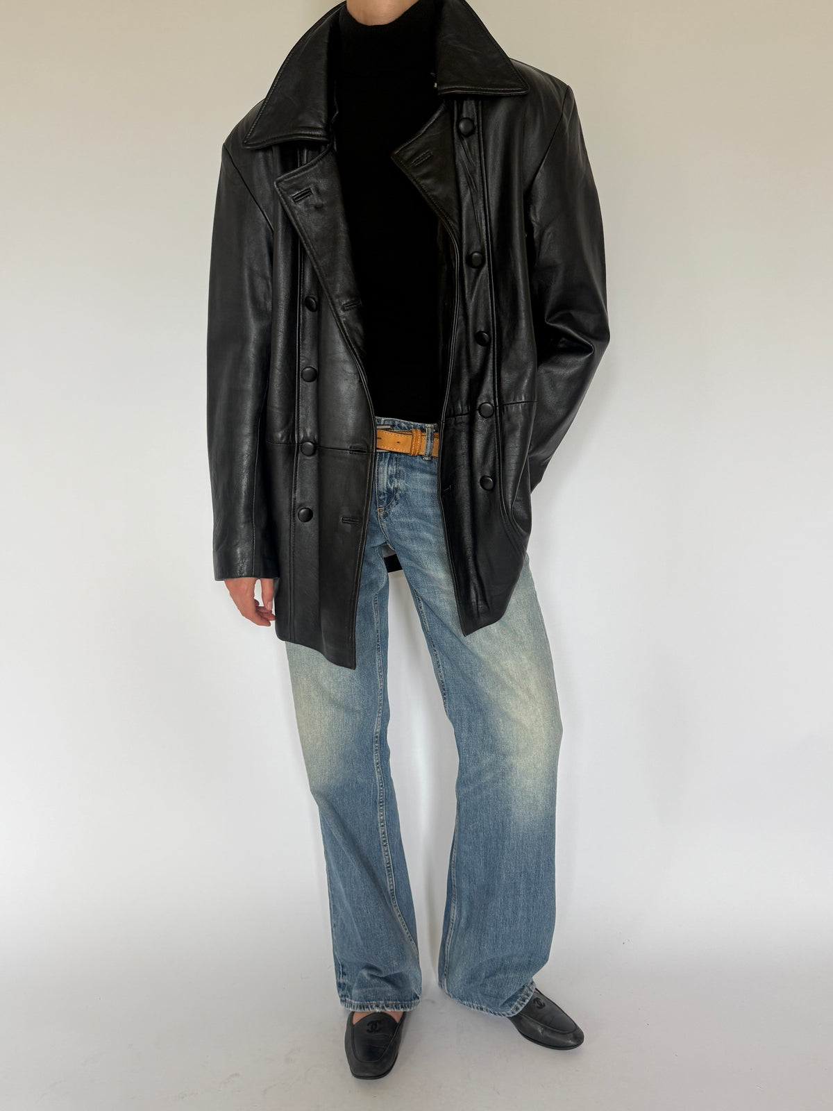 Vintage Double-Breasted Leather Jacket Black 5725