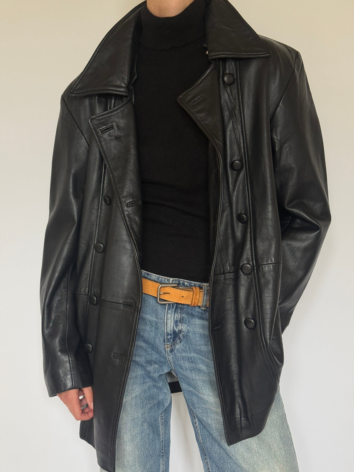 Vintage Double-Breasted Leather Jacket Black 5725