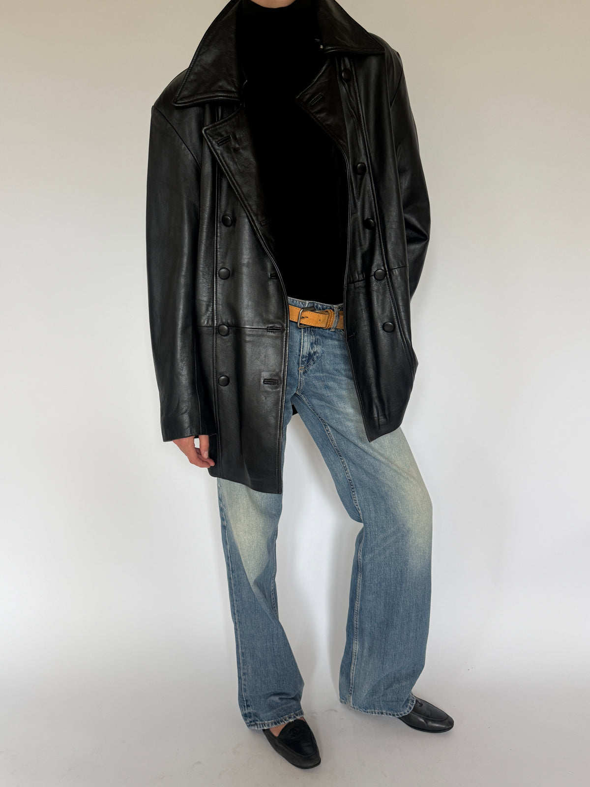 Vintage Double-Breasted Leather Jacket Black 5725