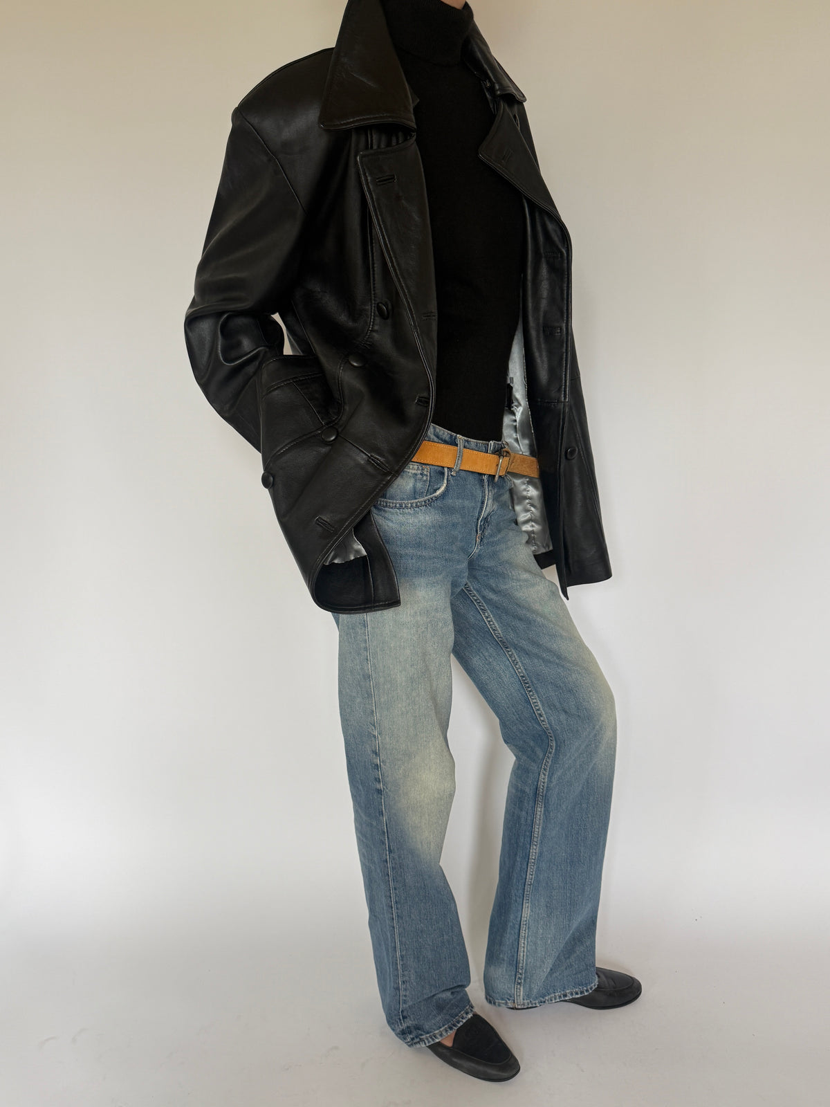 Vintage Double-Breasted Leather Jacket Black 5725