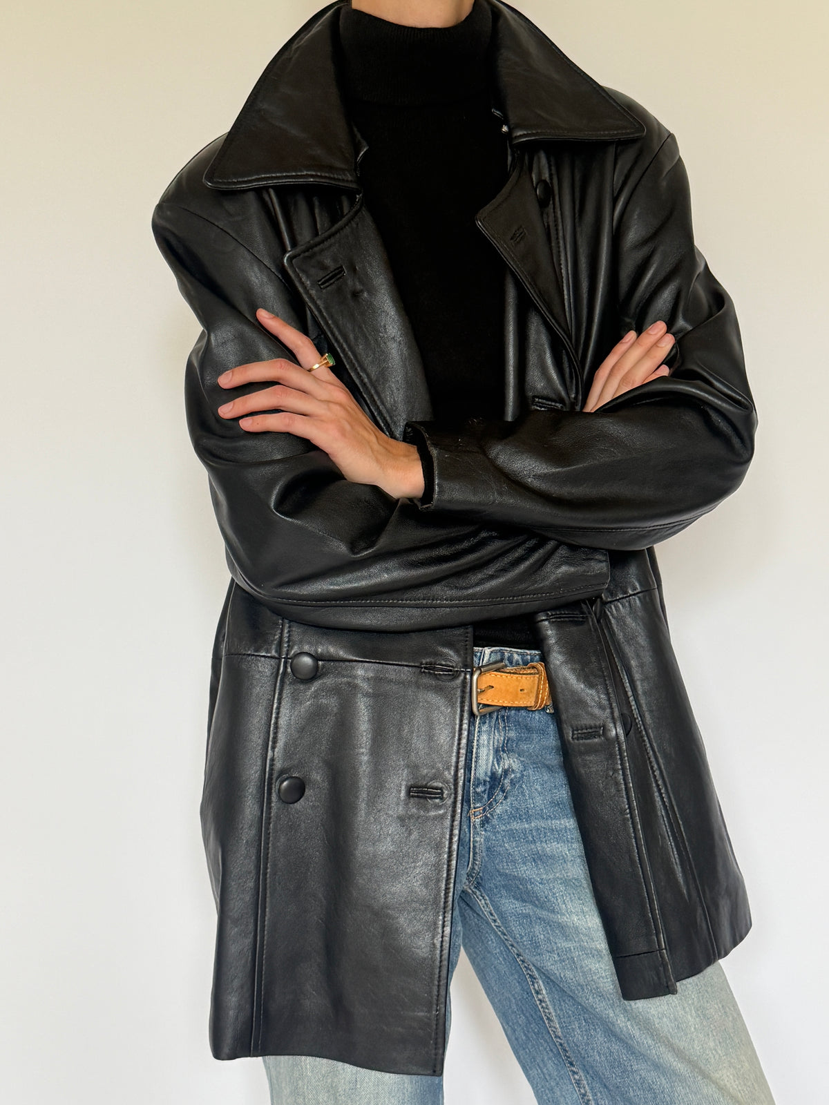 Vintage Double-Breasted Leather Jacket Black 5725