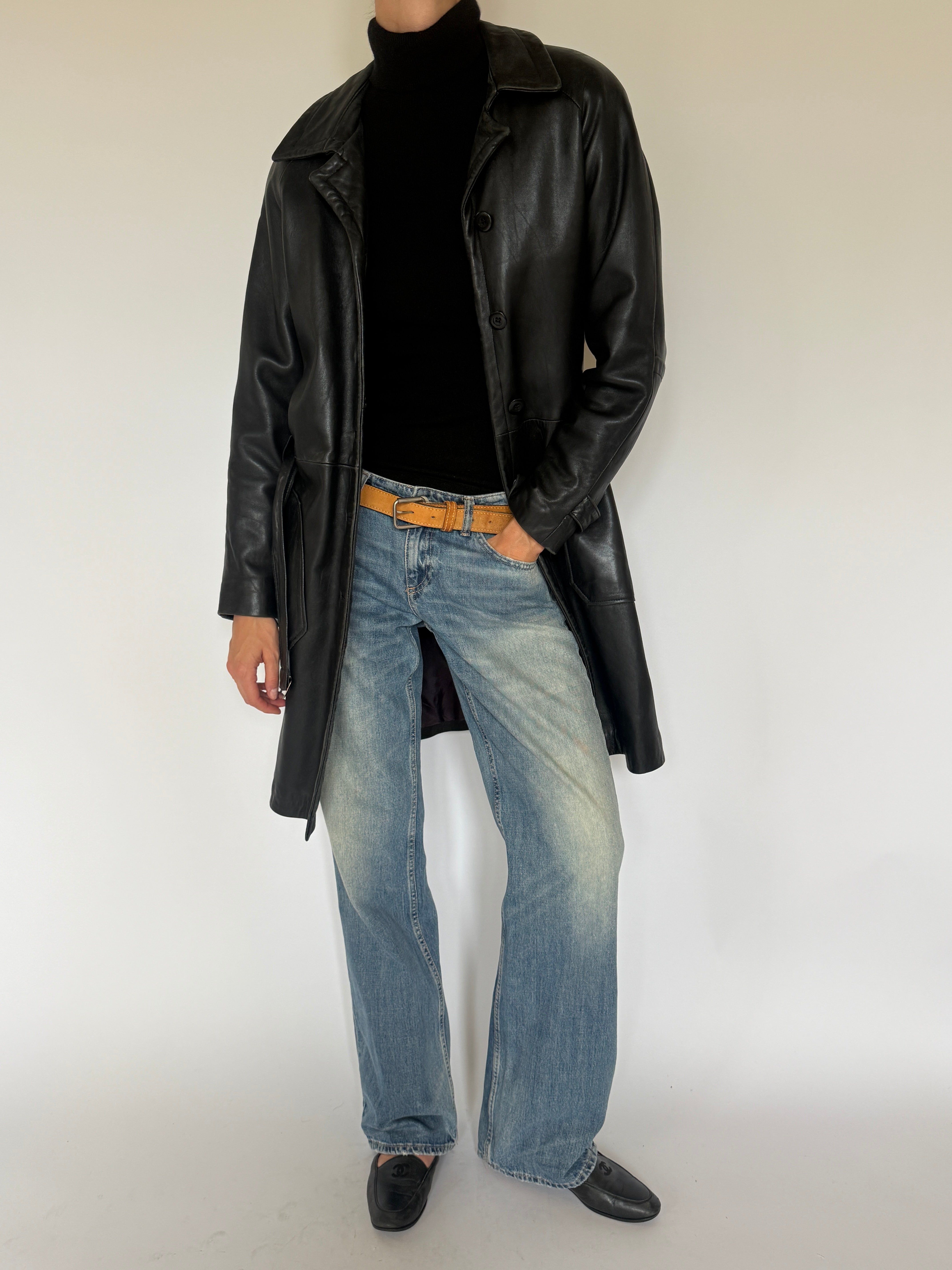 Vintage Leather Belted Coat Black 7038