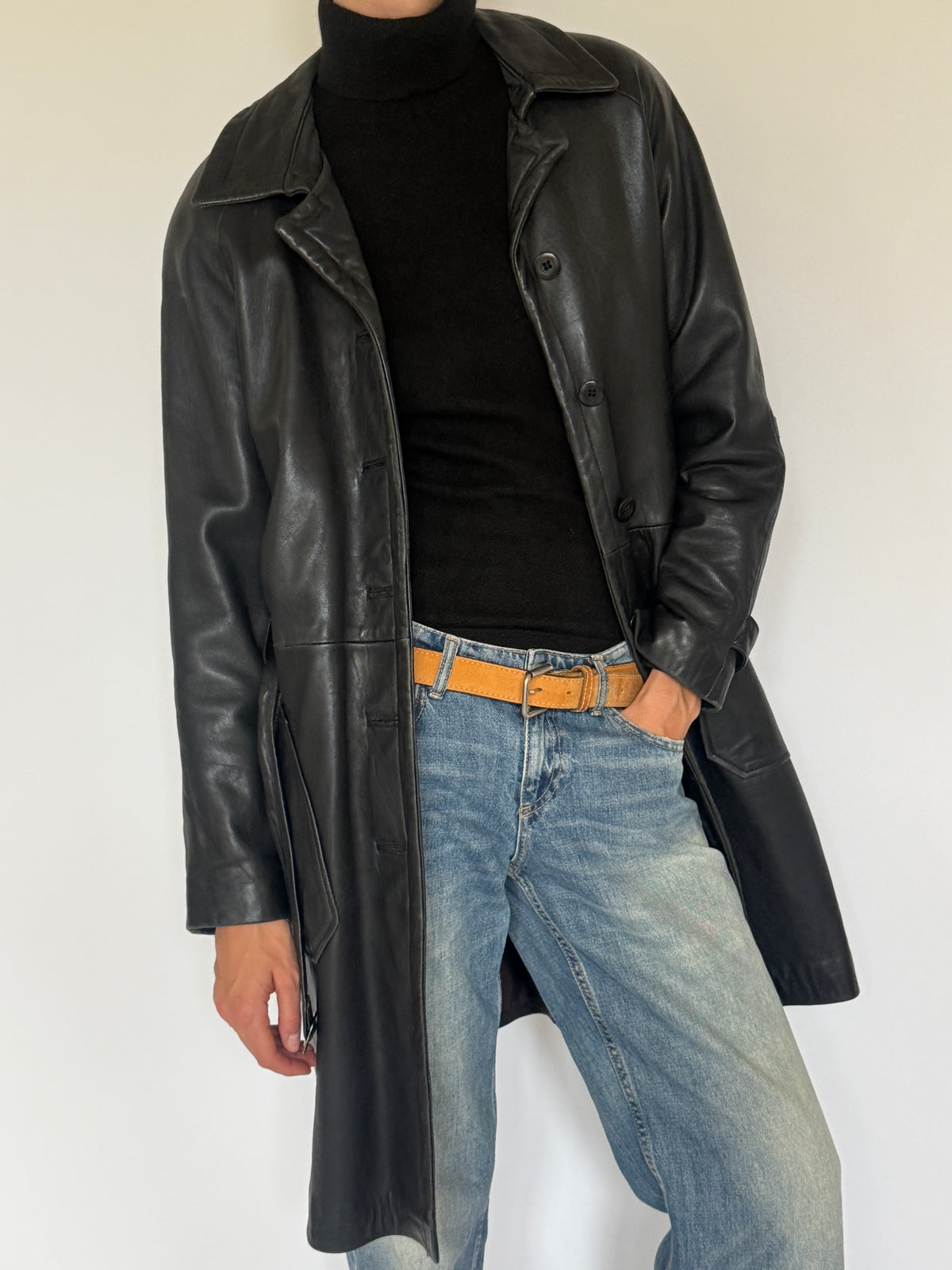 Vintage Leather Belted Coat Black 7038