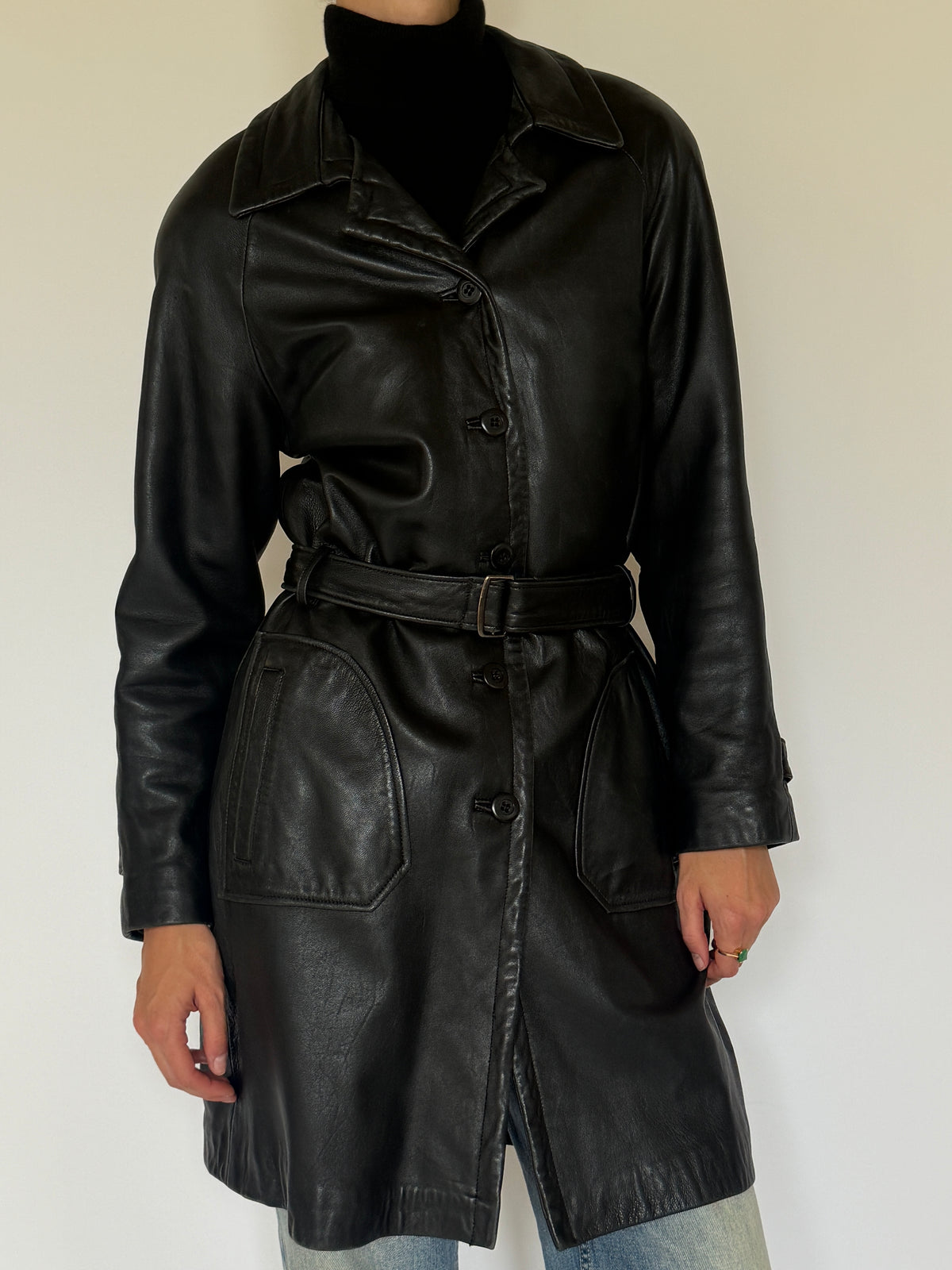 Vintage Leather Belted Coat Black 7038
