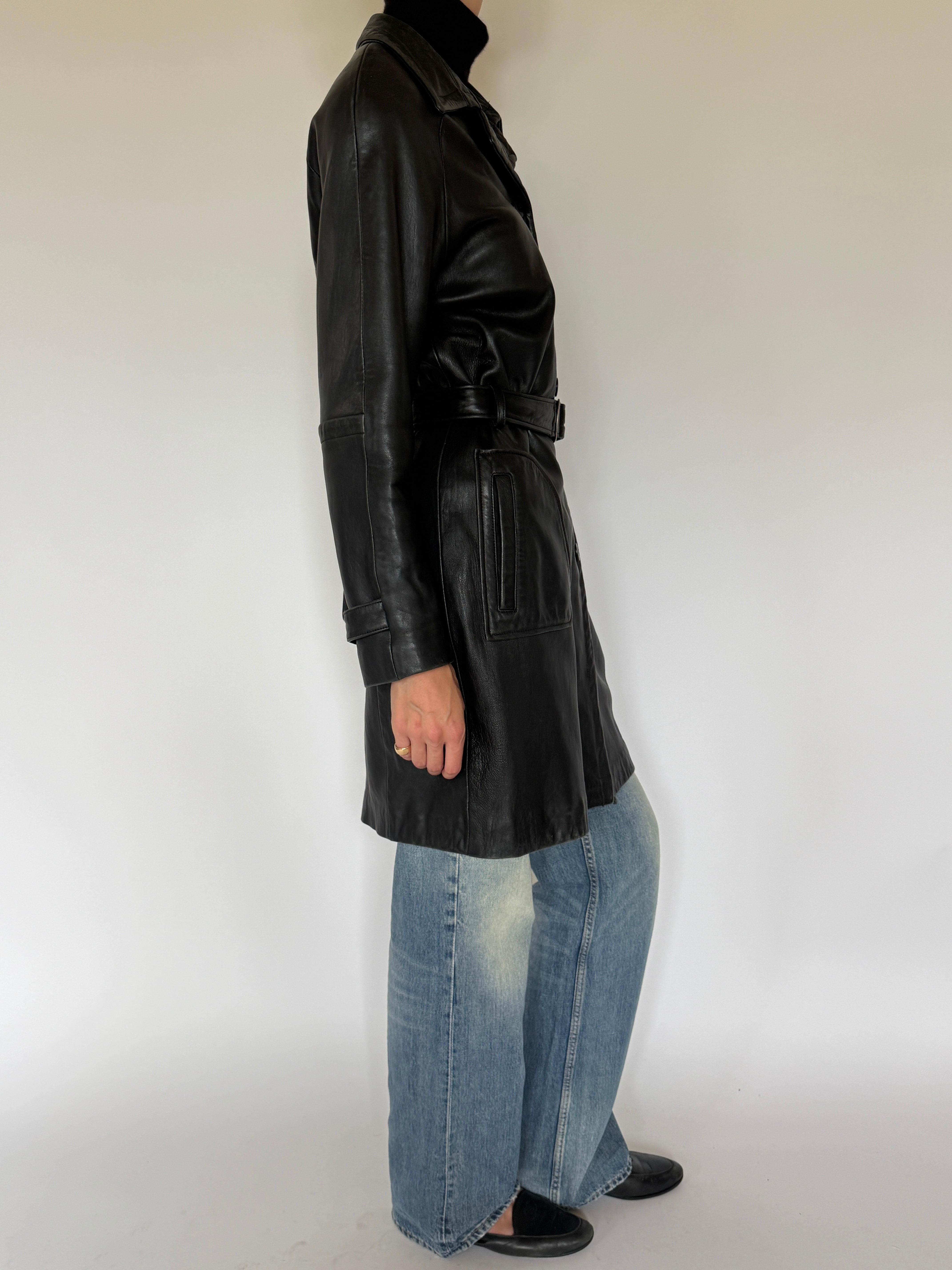 Vintage Leather Belted Coat Black 7038