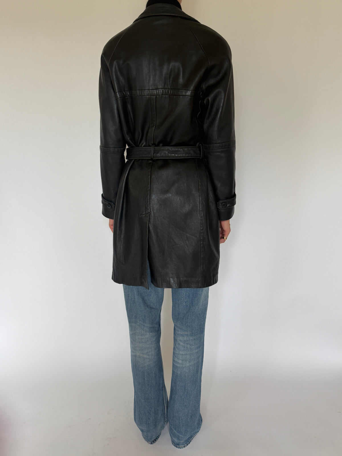 Vintage Leather Belted Coat Black 7038