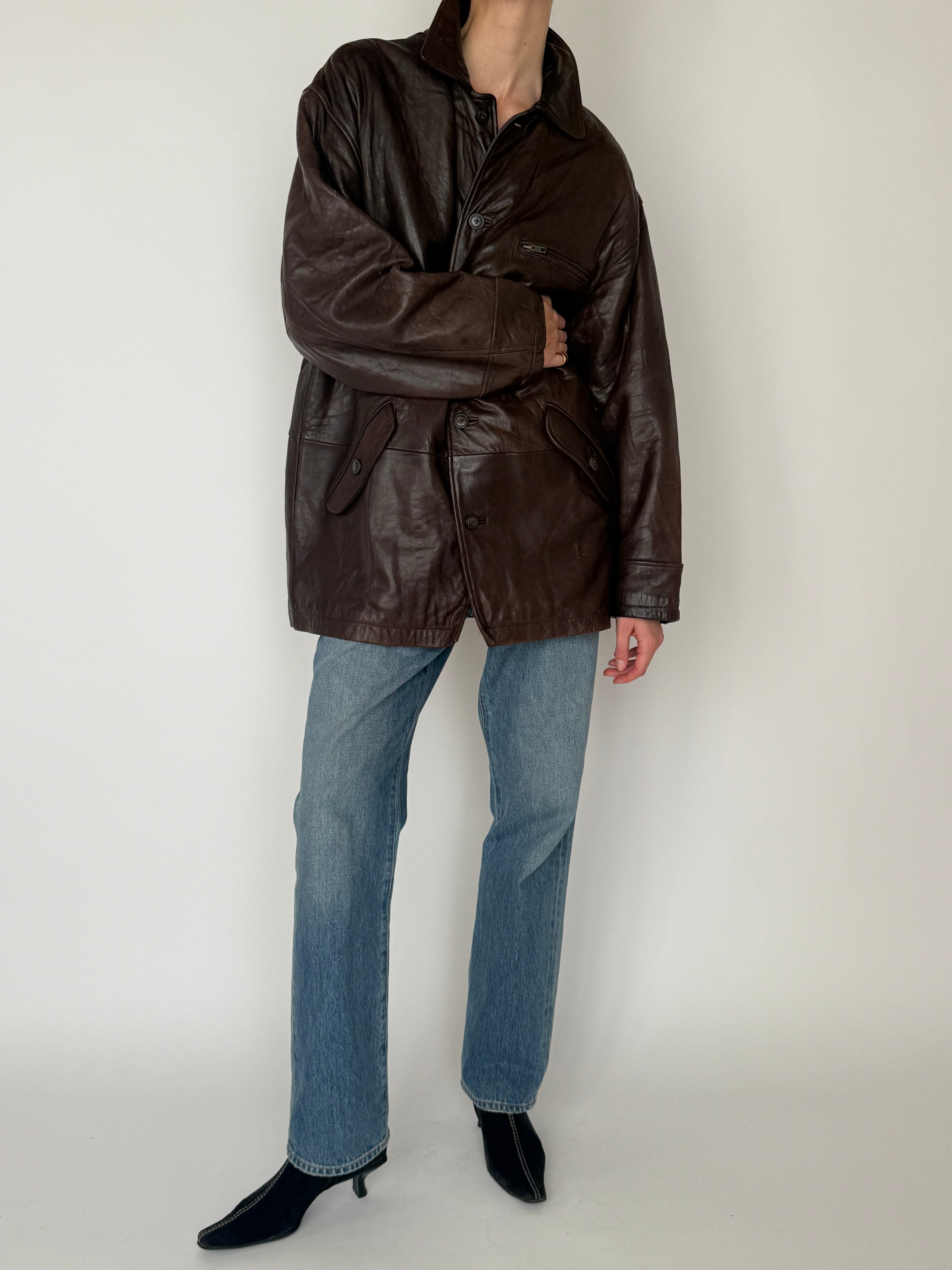 Vintage leather oversized jacket brown front view