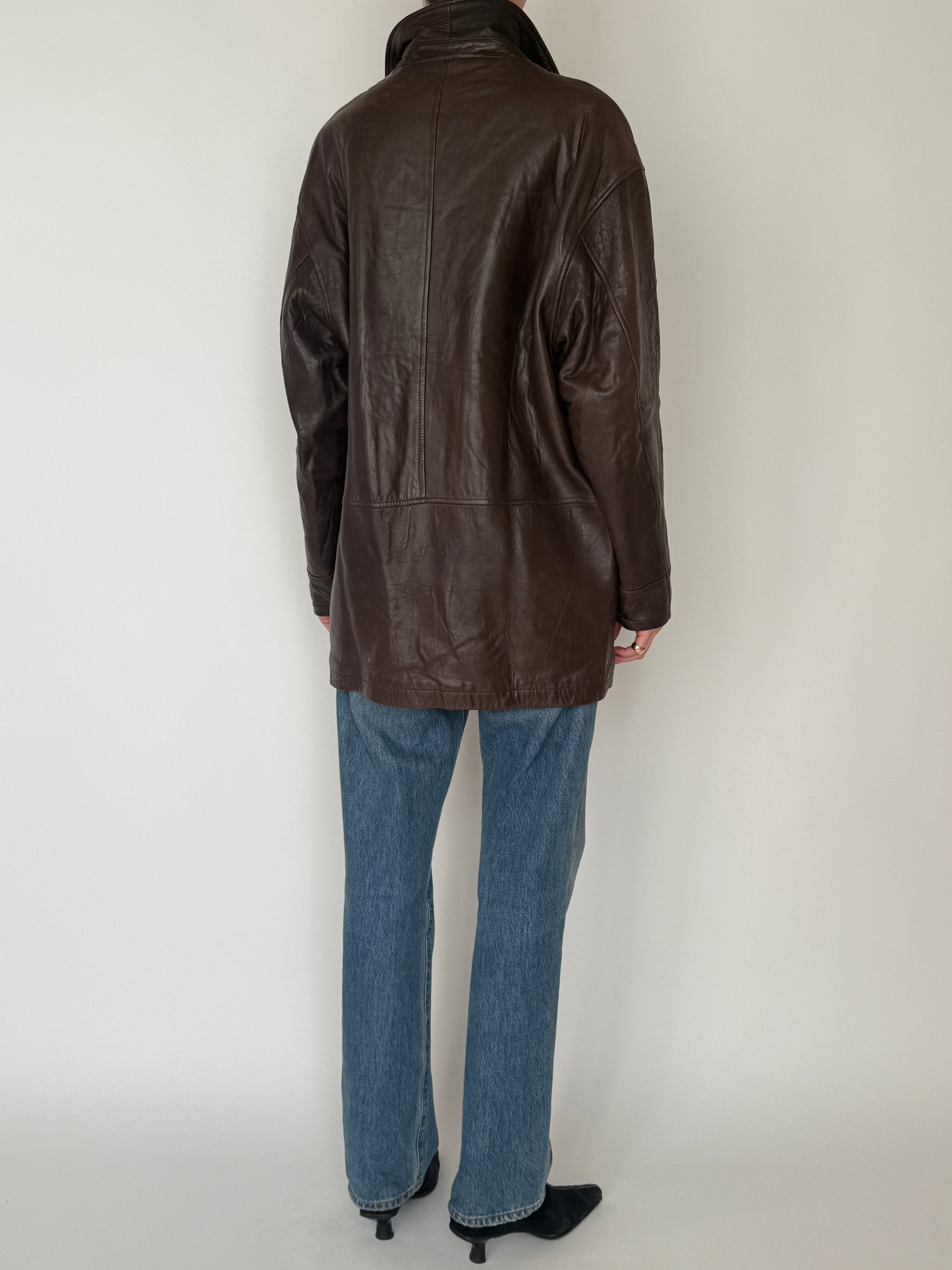 Vintage leather oversized jacket brown back view