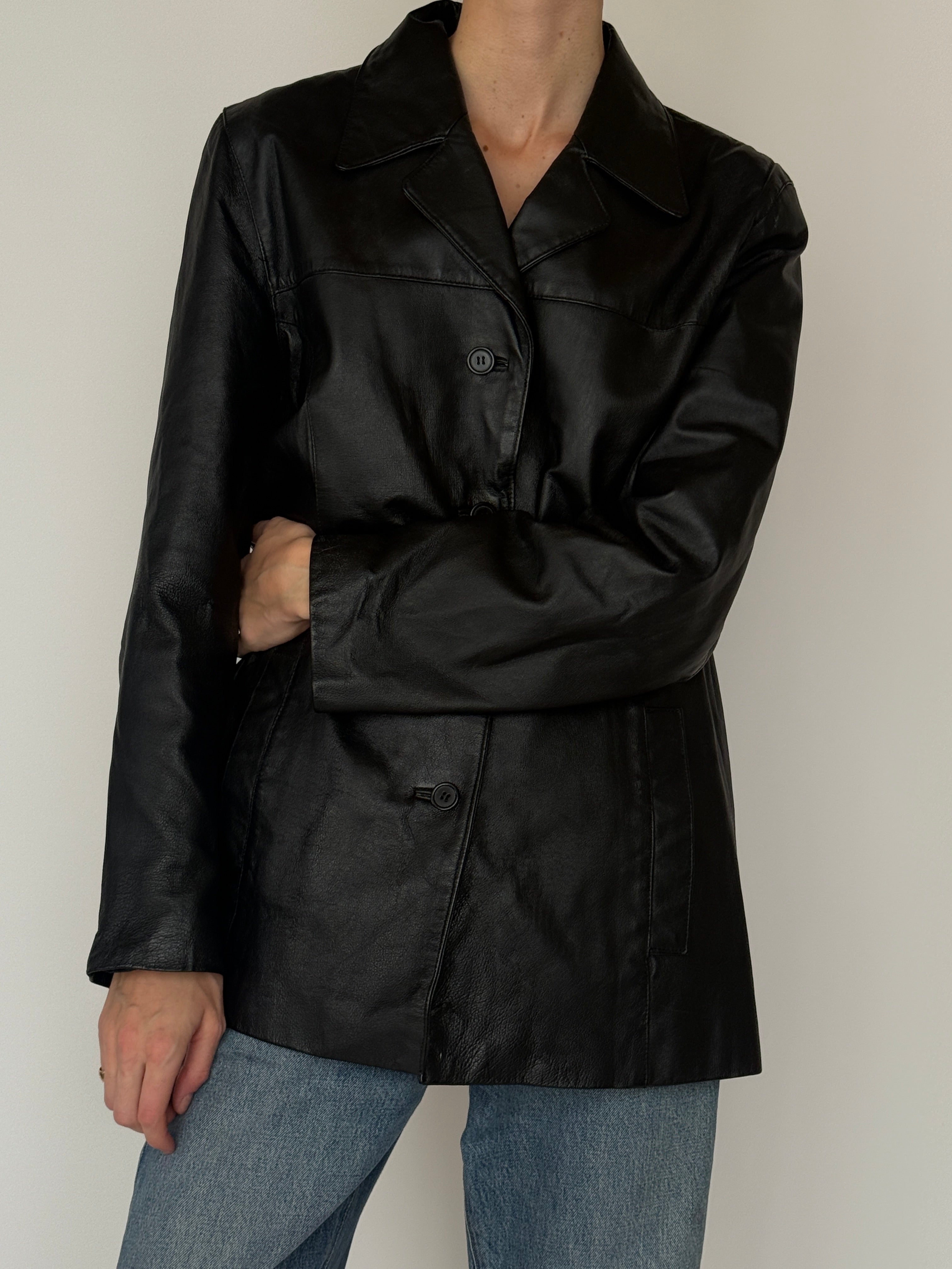Vintage black leather jacket collar close-up notch lapel detail