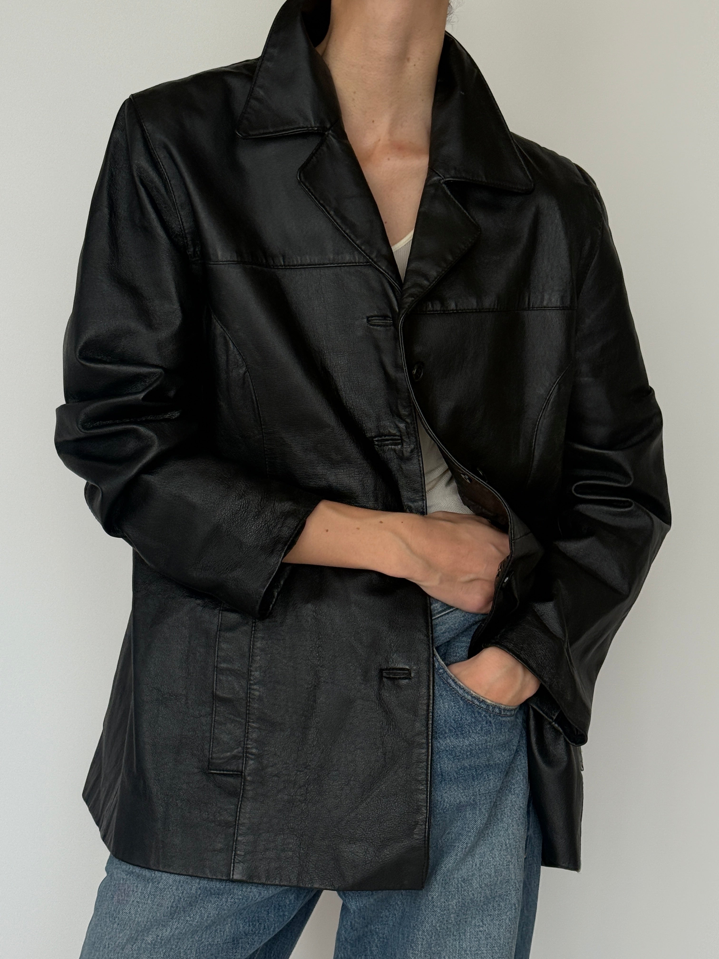 Vintage black leather jacket button detail tonal front buttons
