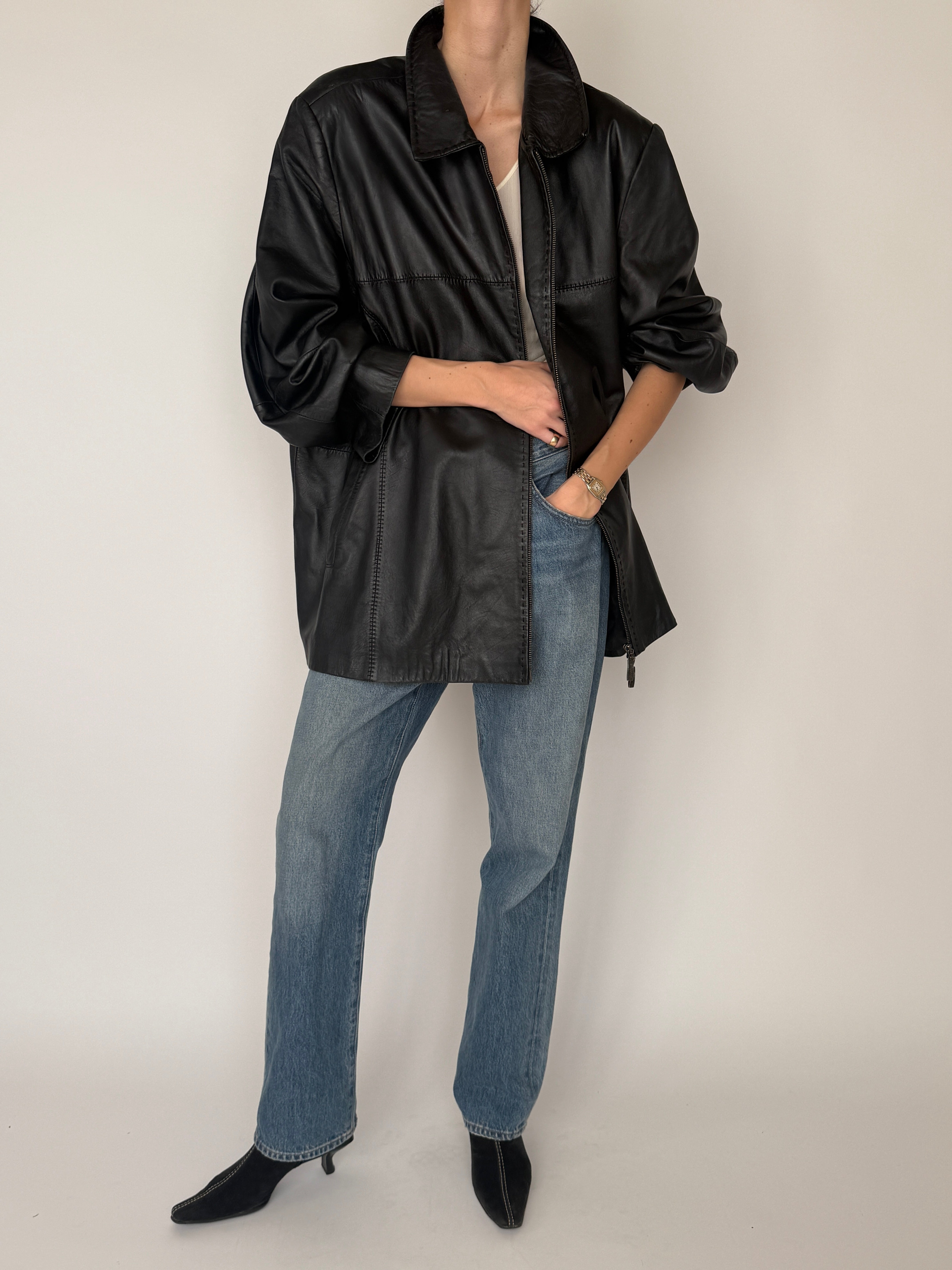 Vintage black oversized leather zip jacket front view