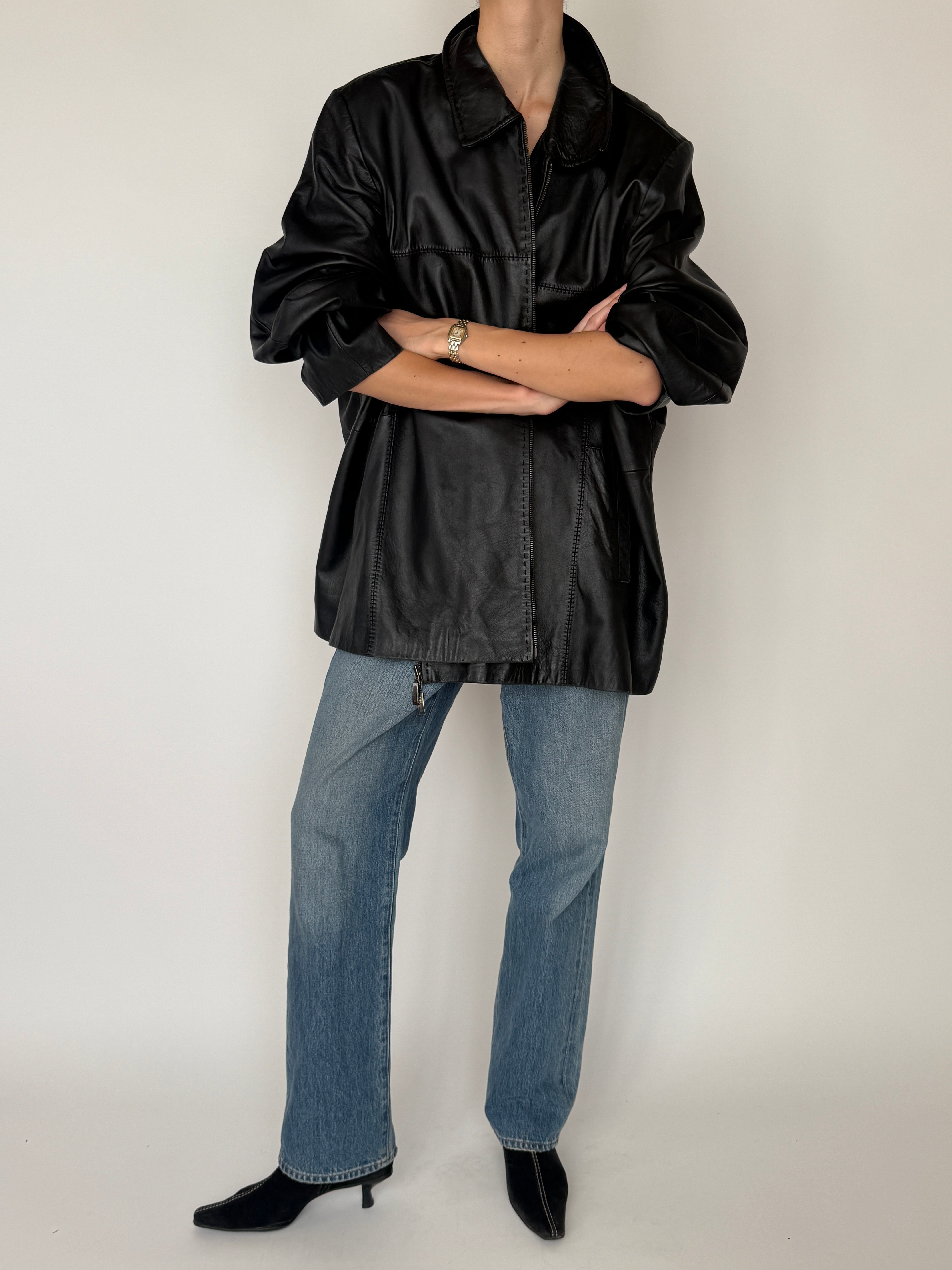 Vintage black oversized leather zip jacket front view