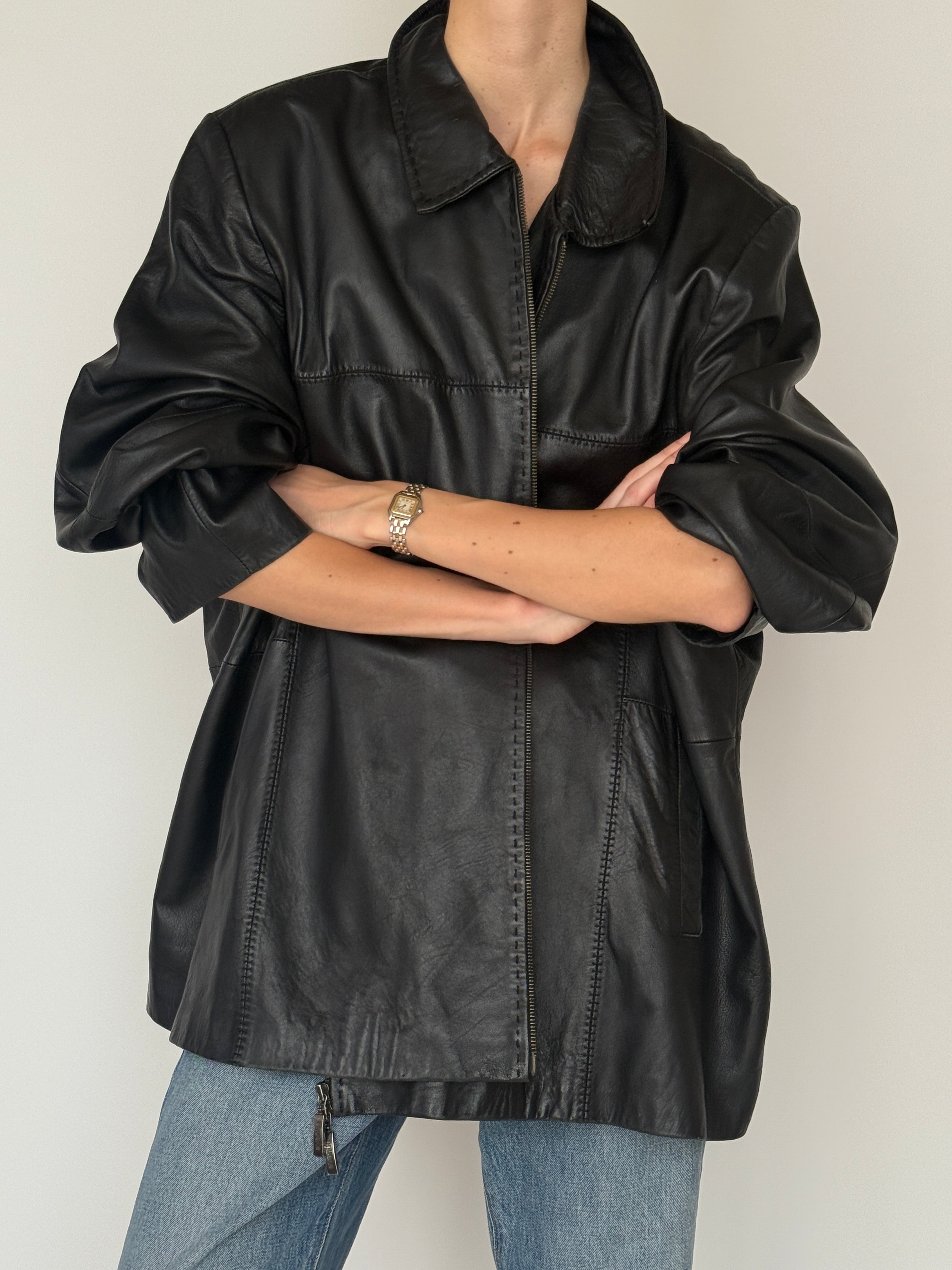 Vintage black oversized leather zip jacket front view