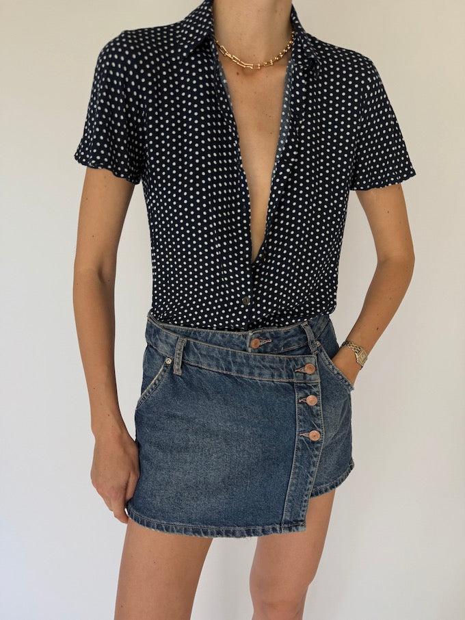 Vintage polka-dot short-sleeve silk top 6071