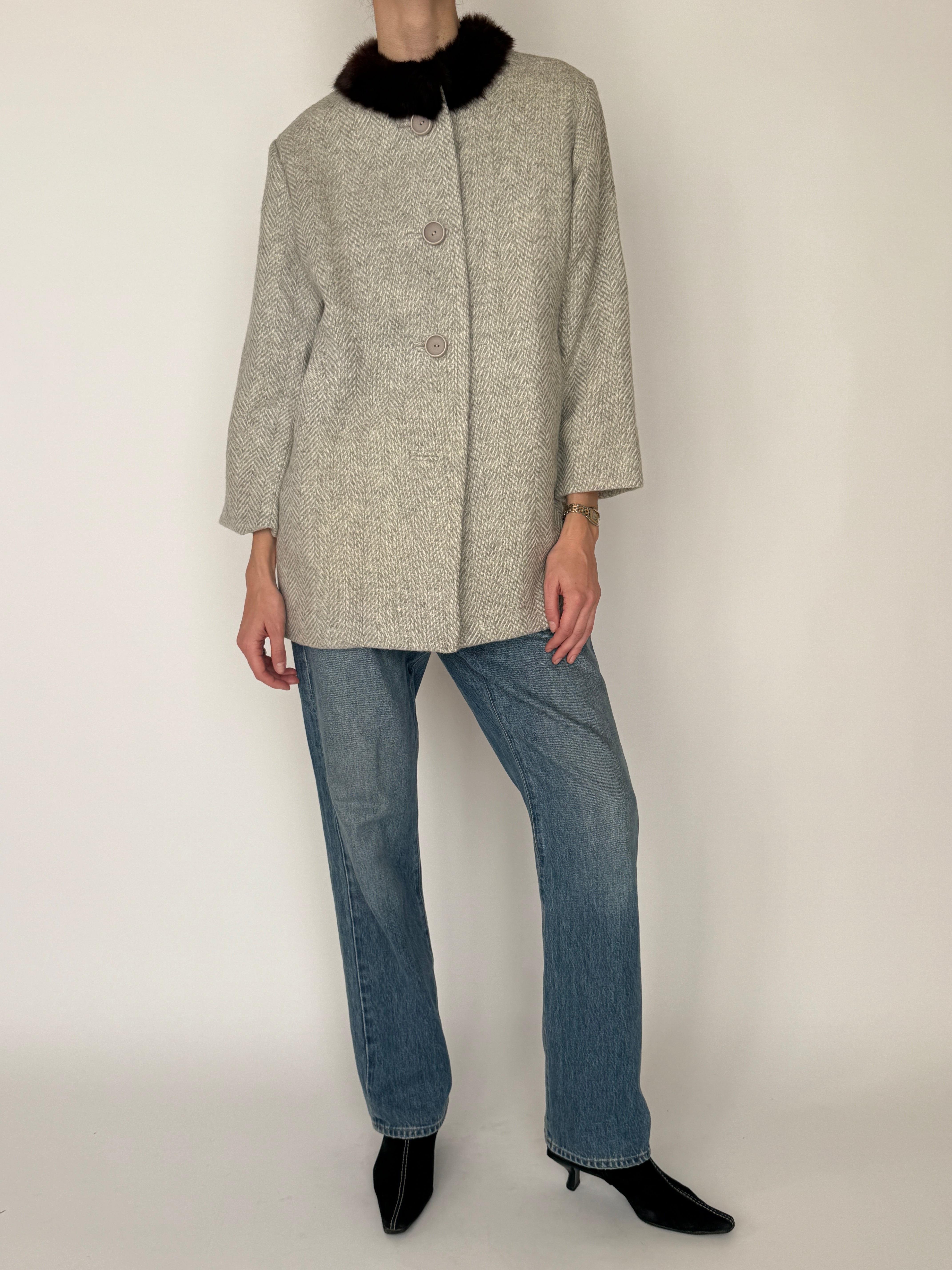 Vintage wool herringbone coat light gray front view full body