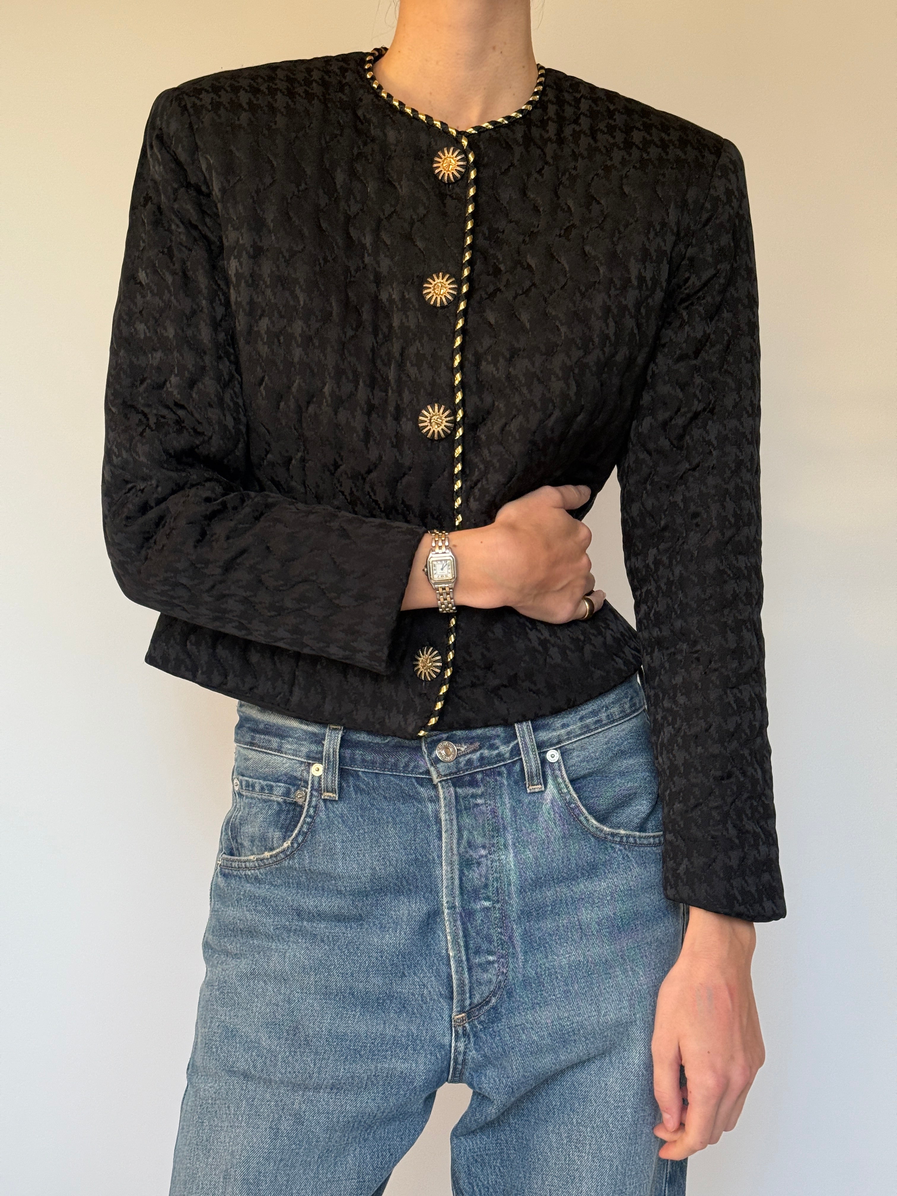 Vintage black quilted silk jacket sleeve detail
