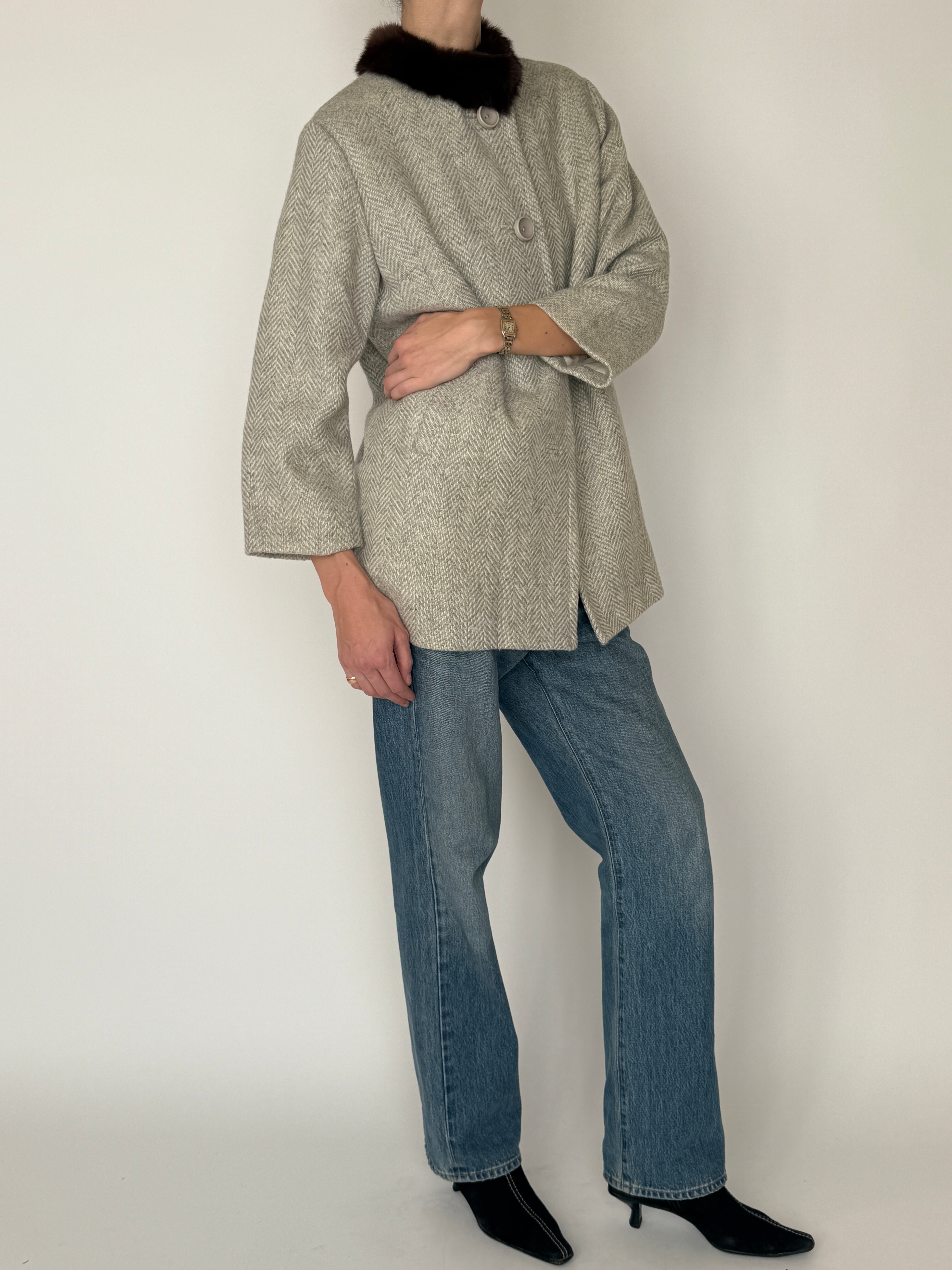 Vintage light gray wool coat button front detail