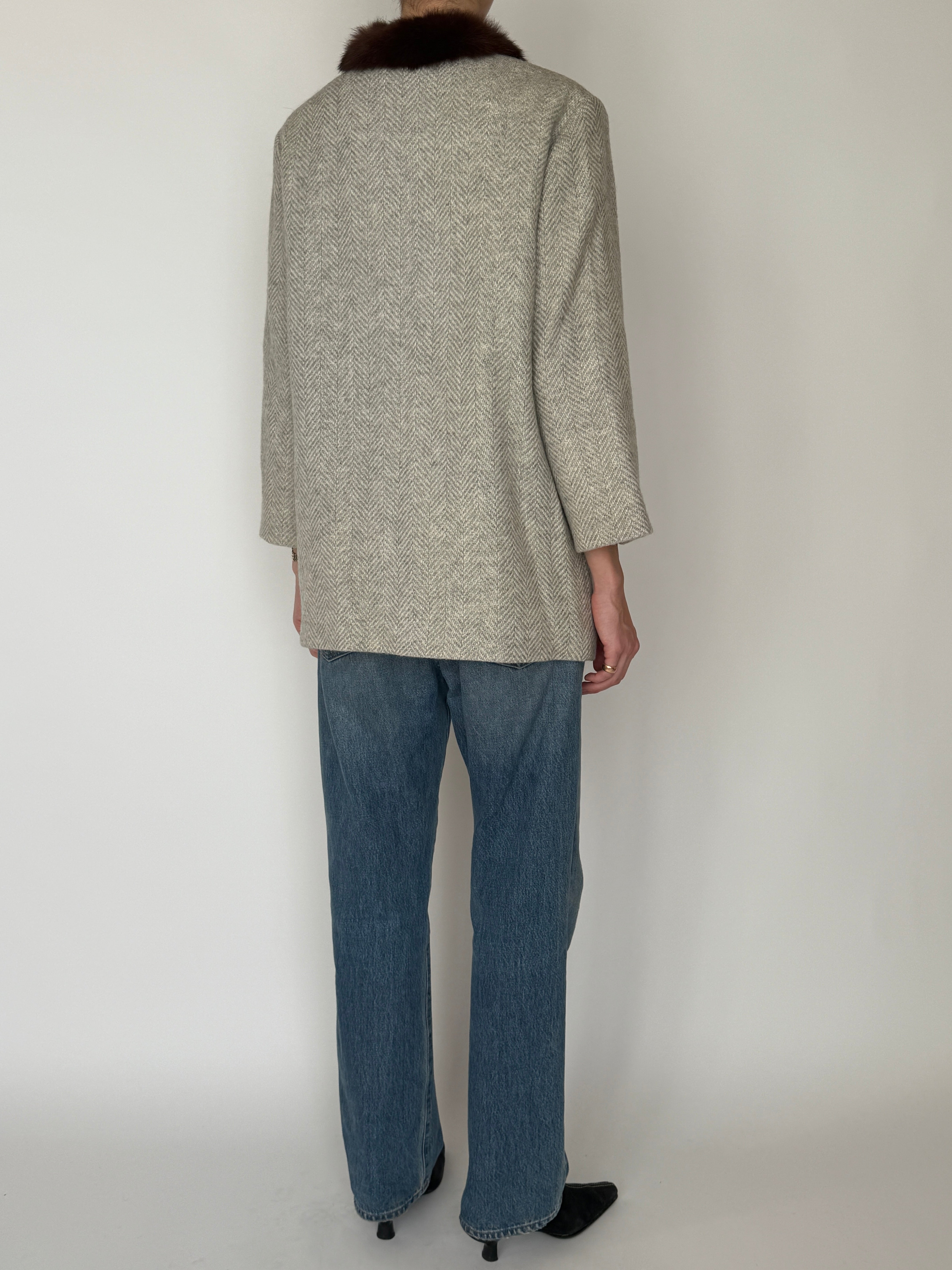 Vintage wool coat with fur collar light gray back view full body