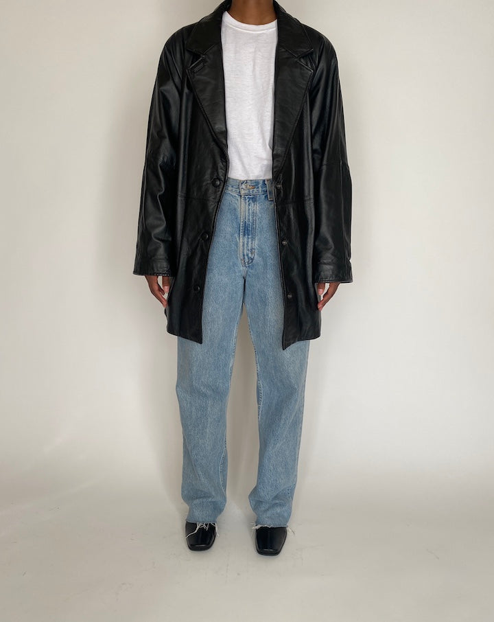 VINTAGE SLIGHTLY OVERSIZED BLACK TRENCH LEATHER JACKET 4019