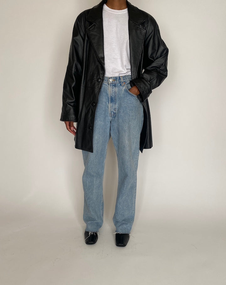 VINTAGE SLIGHTLY OVERSIZED BLACK TRENCH LEATHER JACKET 4019
