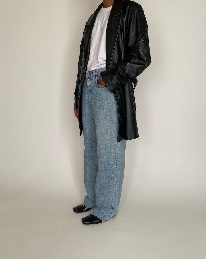 VINTAGE SLIGHTLY OVERSIZED BLACK TRENCH LEATHER JACKET 4019