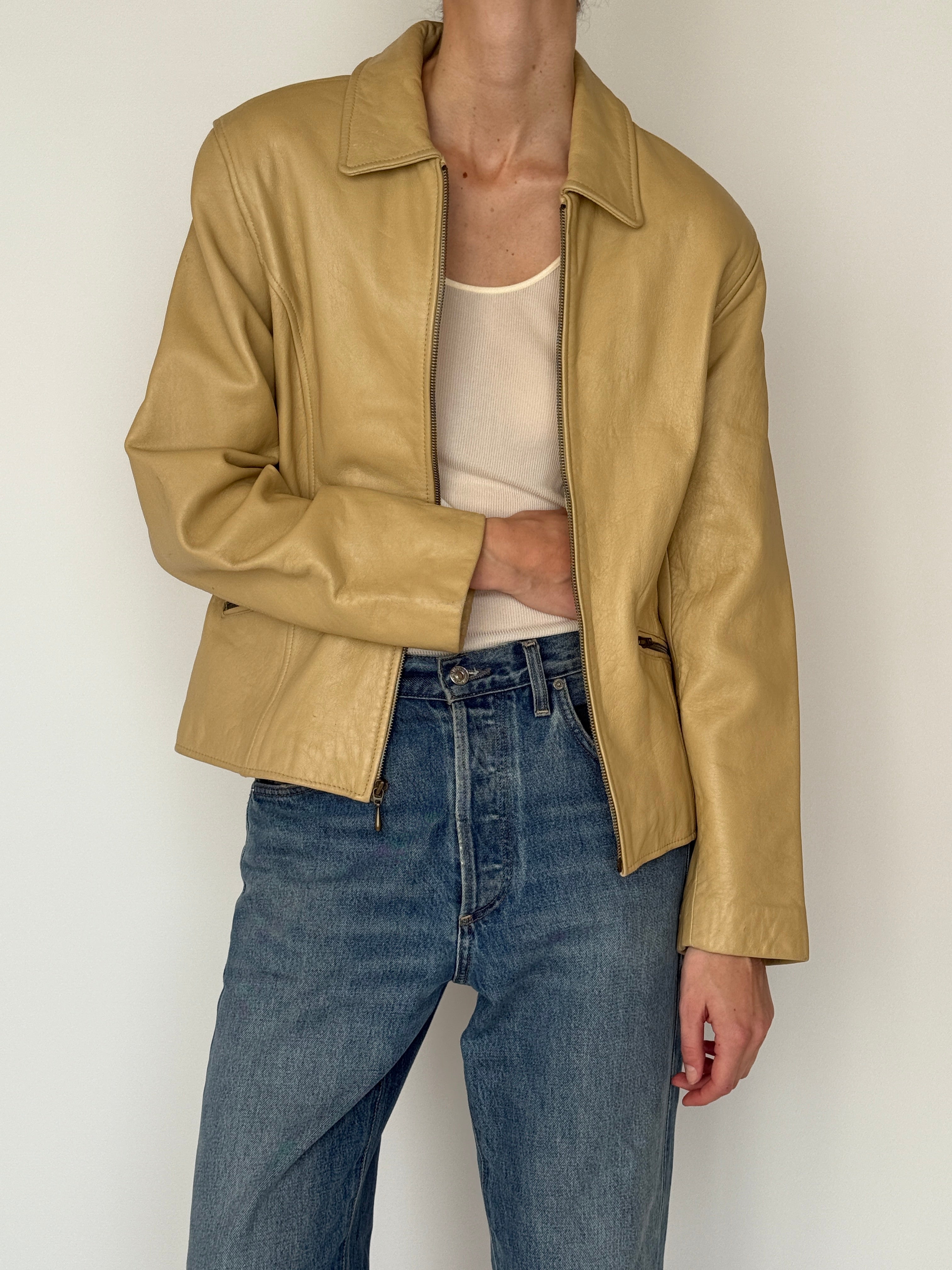 Vintage beige leather jacket zipper detail