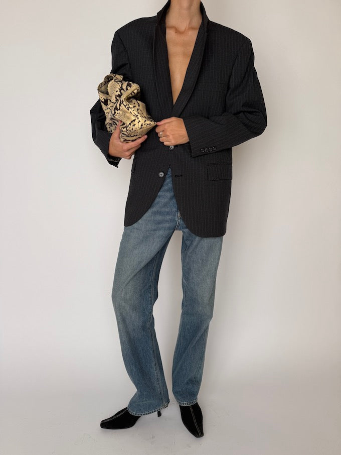 Vintage Pinstripe Wool Blazer Grey 6553