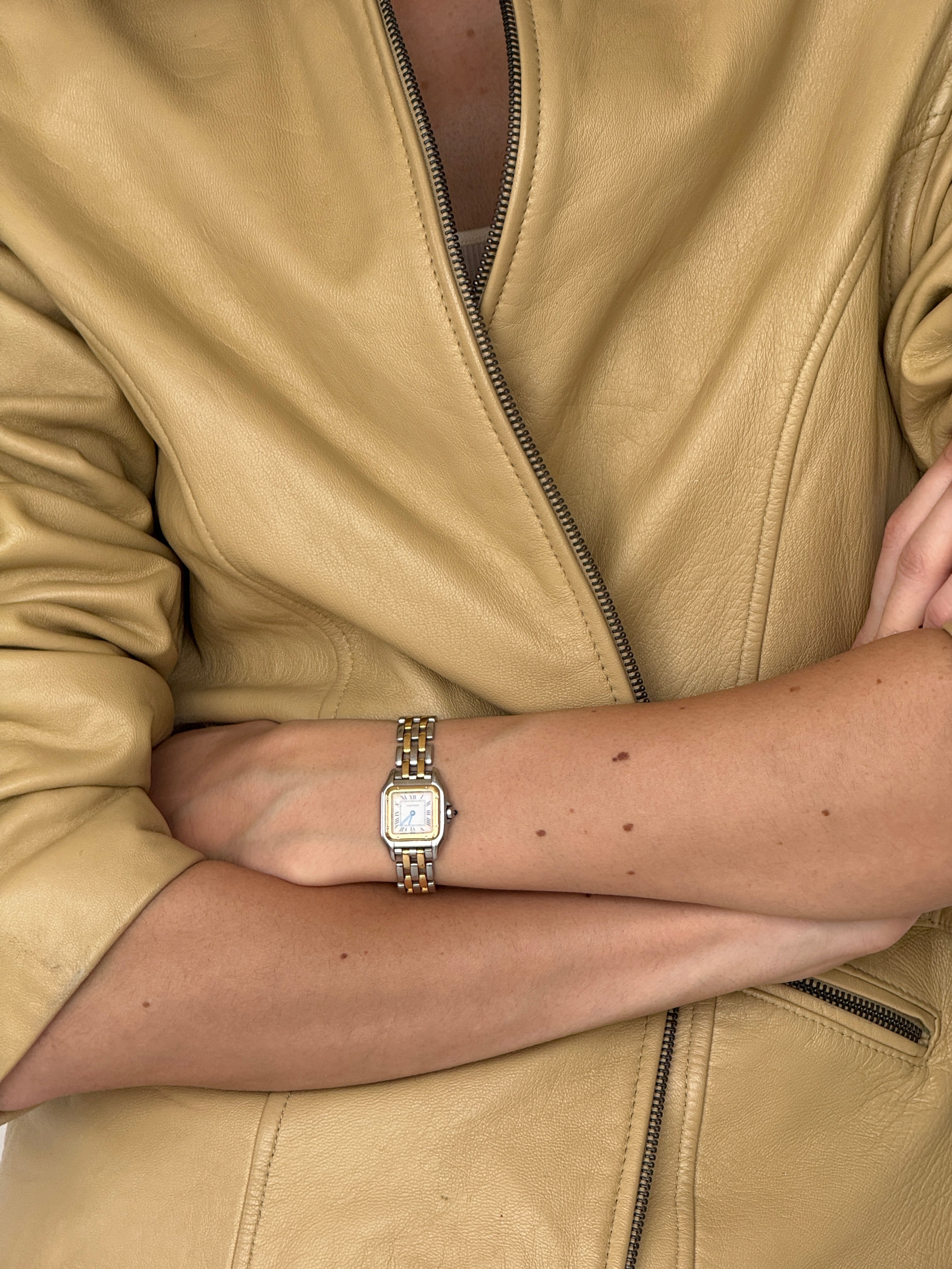 Vintage beige leather jacket pocket detail