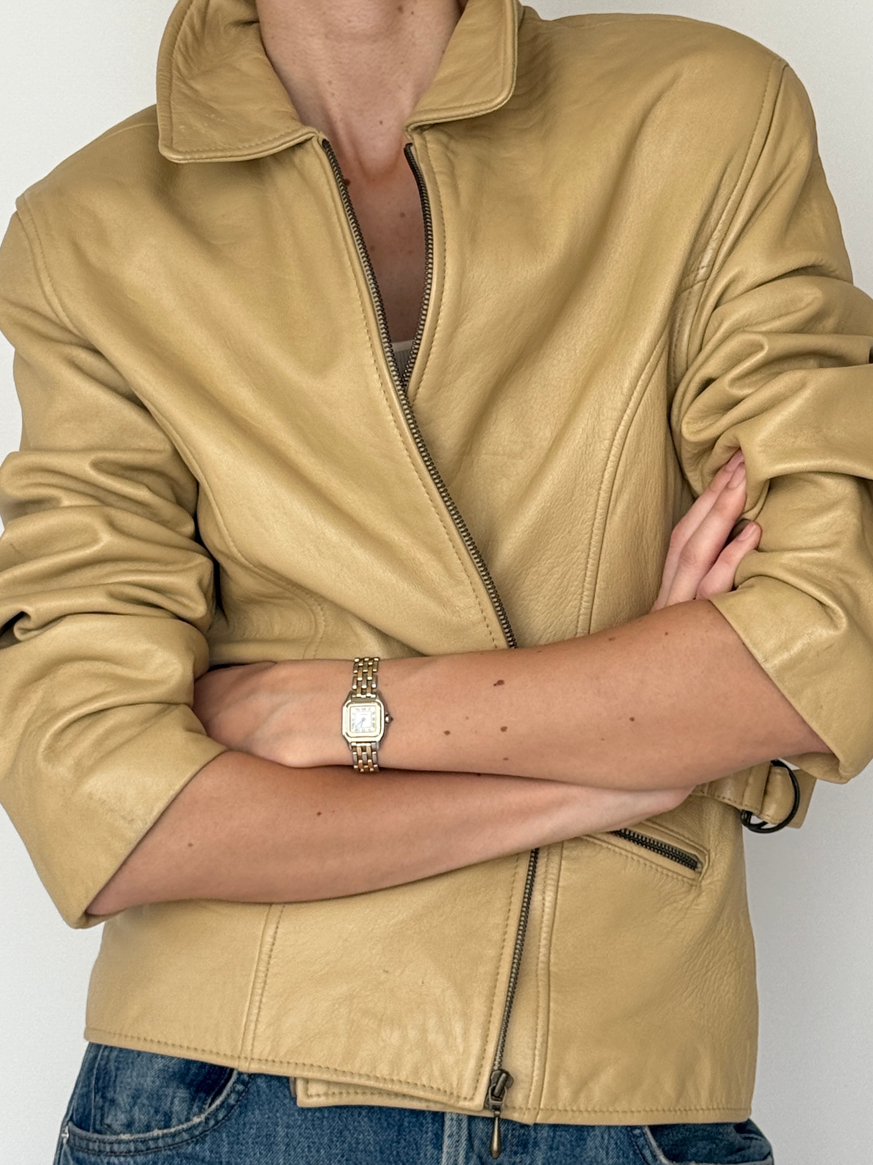 Vintage beige leather zip jacket front view