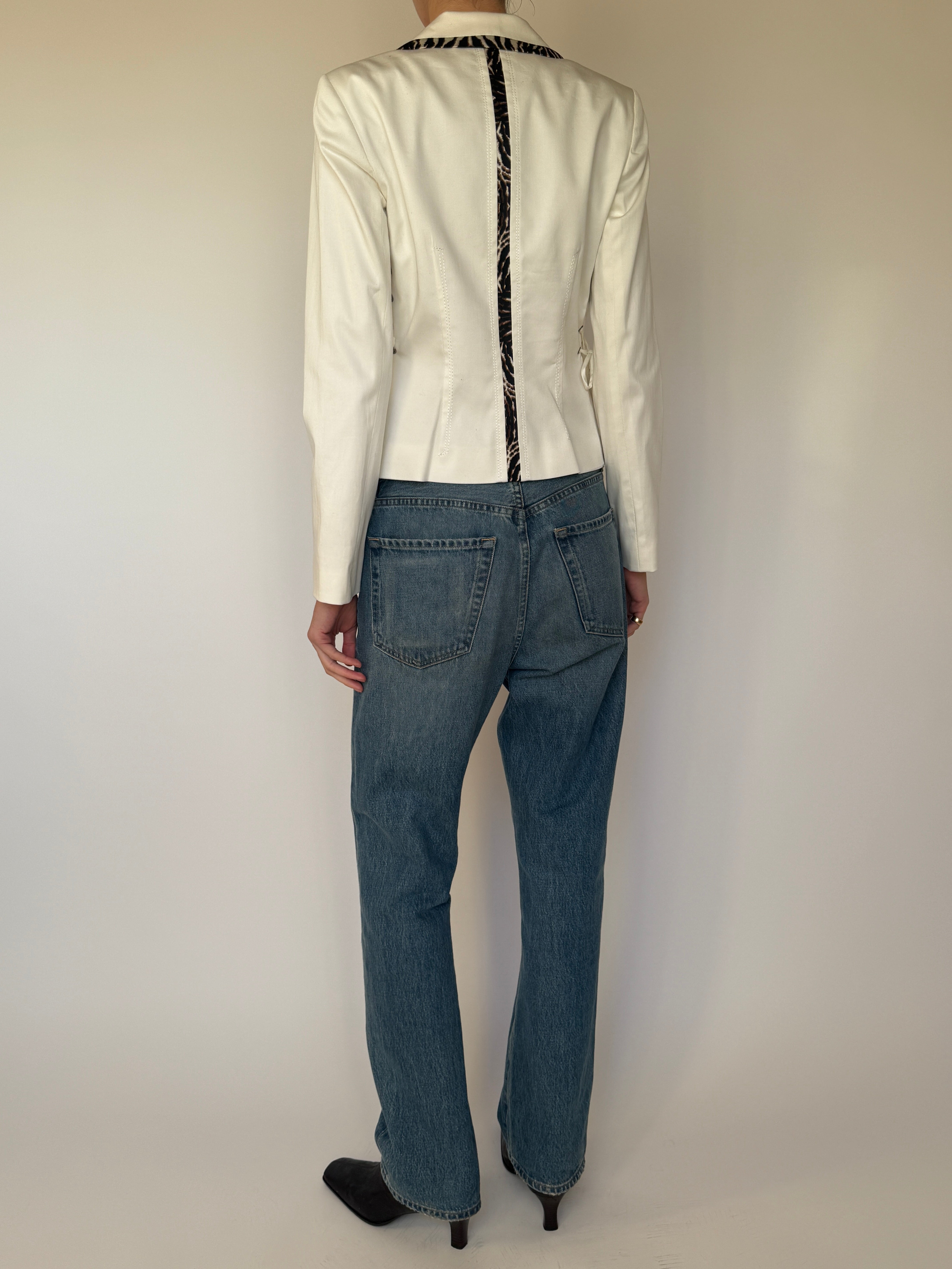 Vintage white fitted blazer with animal print trim front view