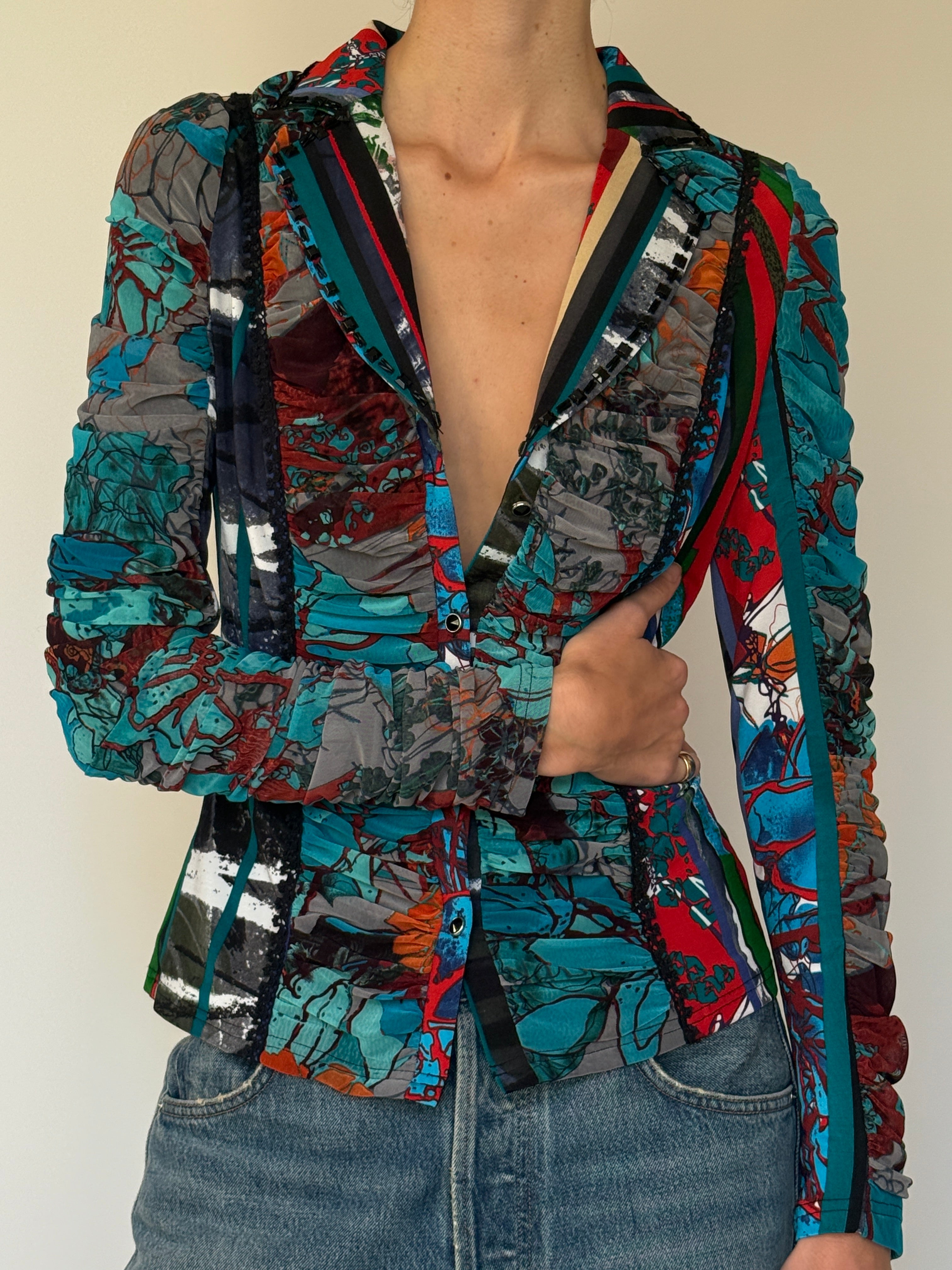 Vintage Abstract Mesh Button-Front Top 7006