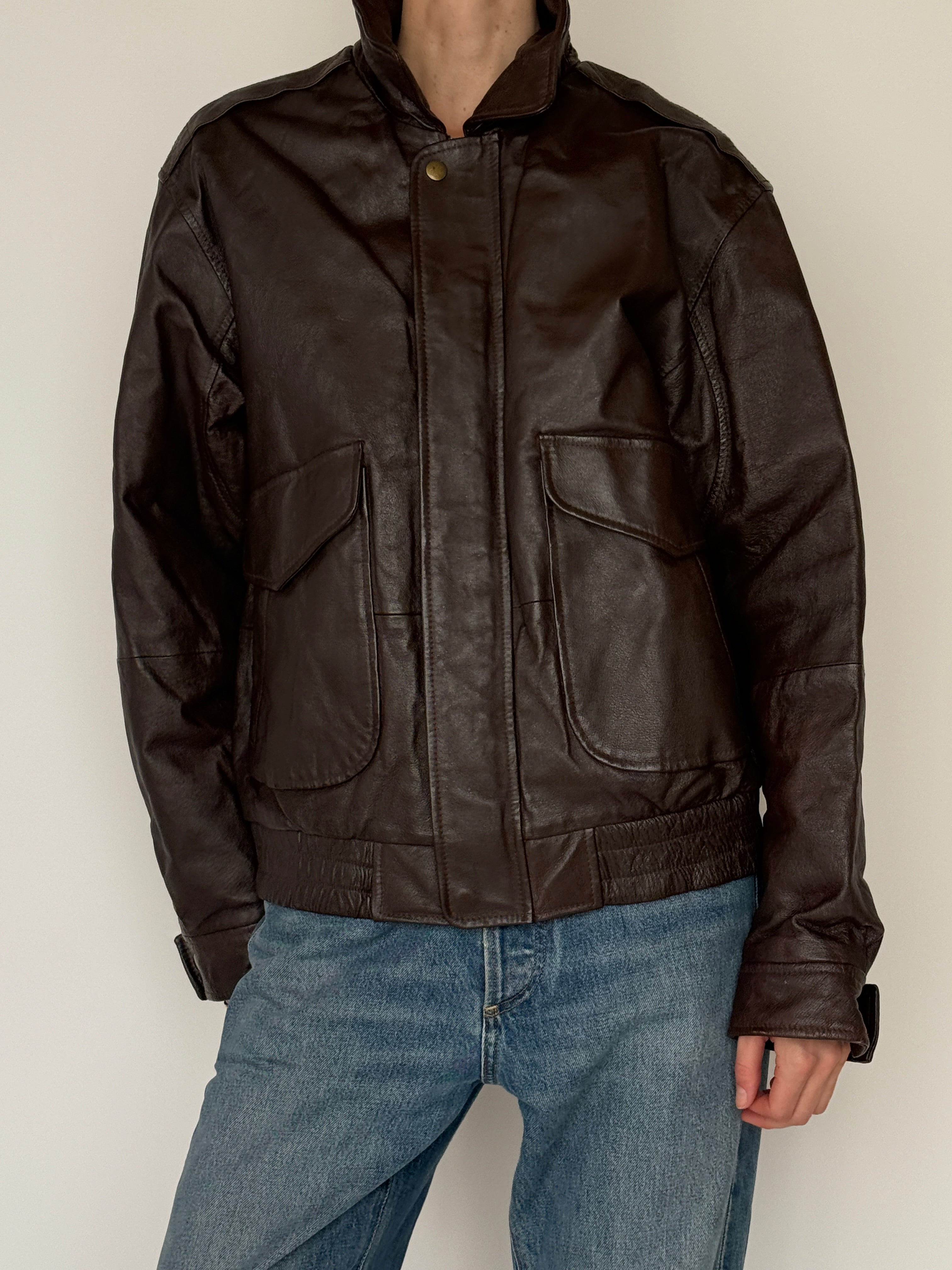 Vintage leather jacket dark brown zip and snap button detail