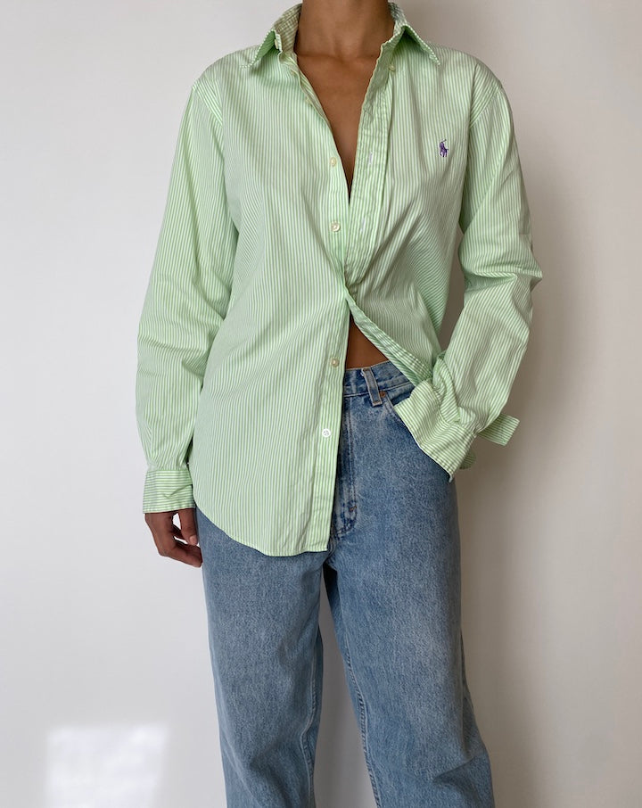 VINTAGE STRIPED GREEN AND WHITE RALPH LAUREN SHIRT 2574