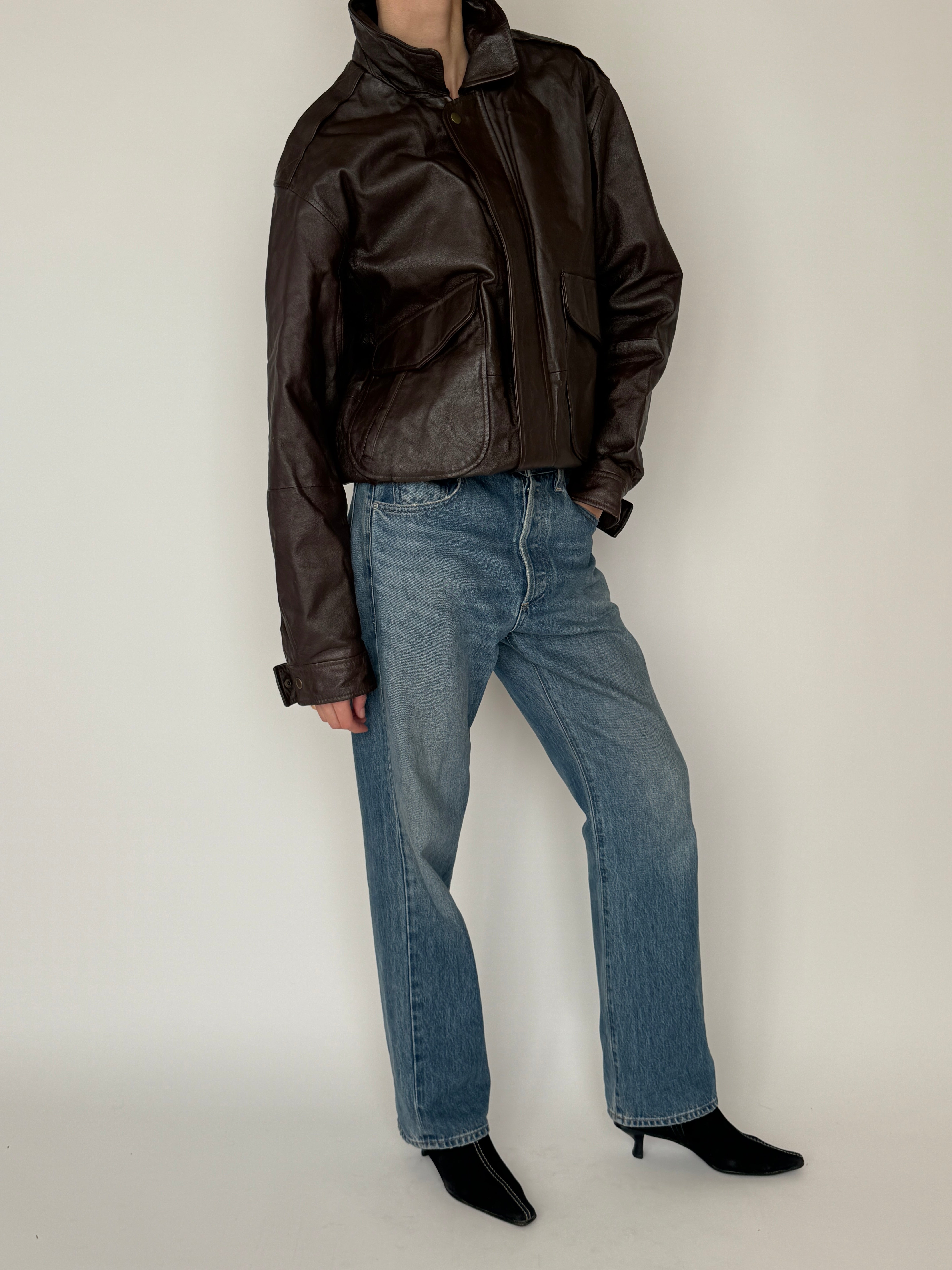 Vintage dark brown leather zip jacket front view