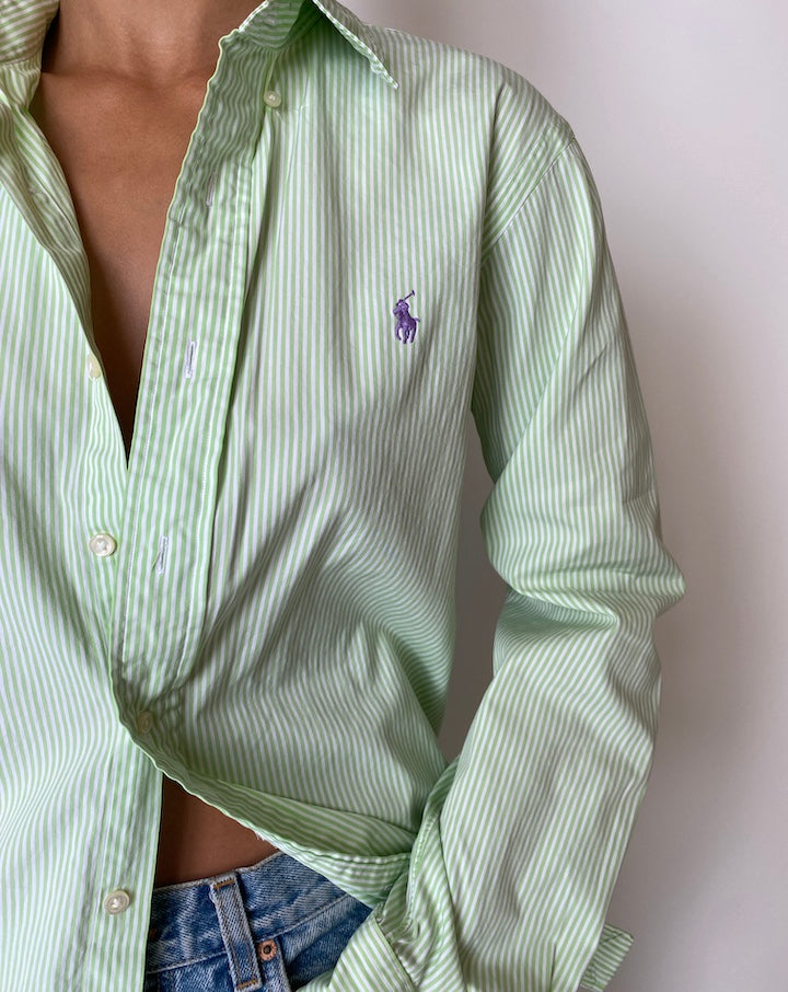 VINTAGE STRIPED GREEN AND WHITE RALPH LAUREN SHIRT 2574