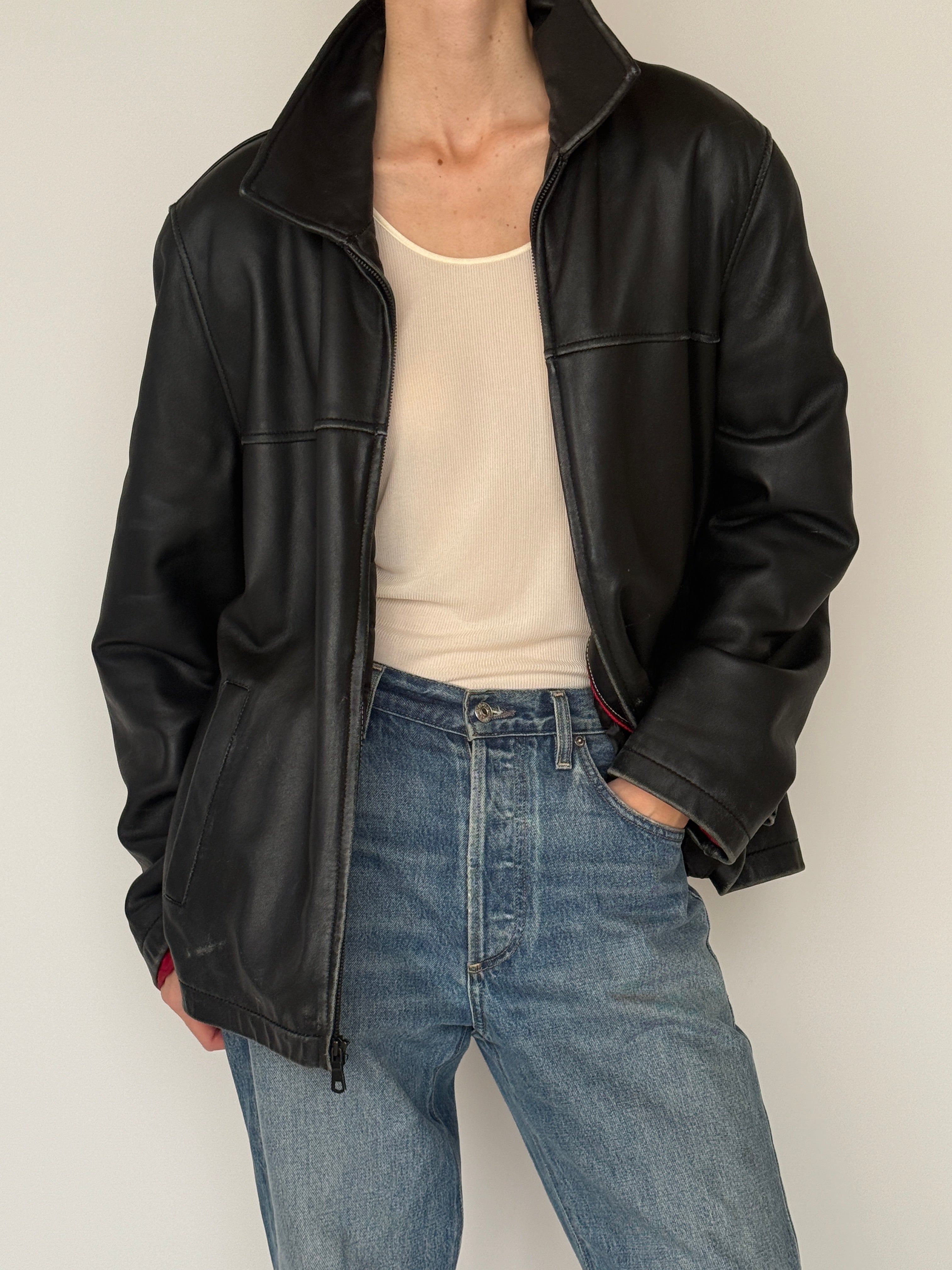 Vintage Tommy Hilfiger black leather zip jacket zipper detail