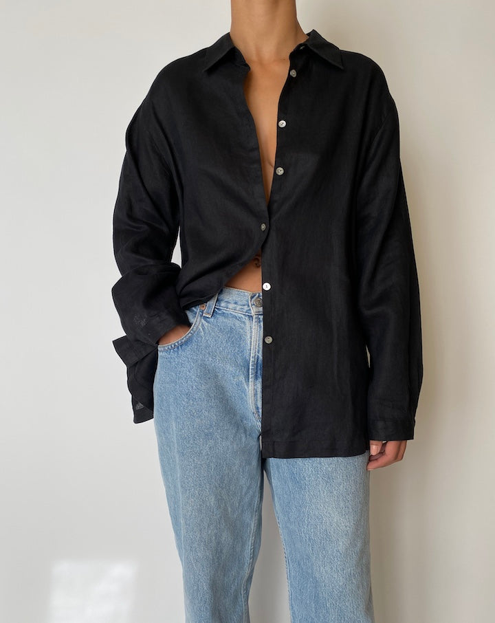 VINTAGE BLACK LINEN SHIRT 2576