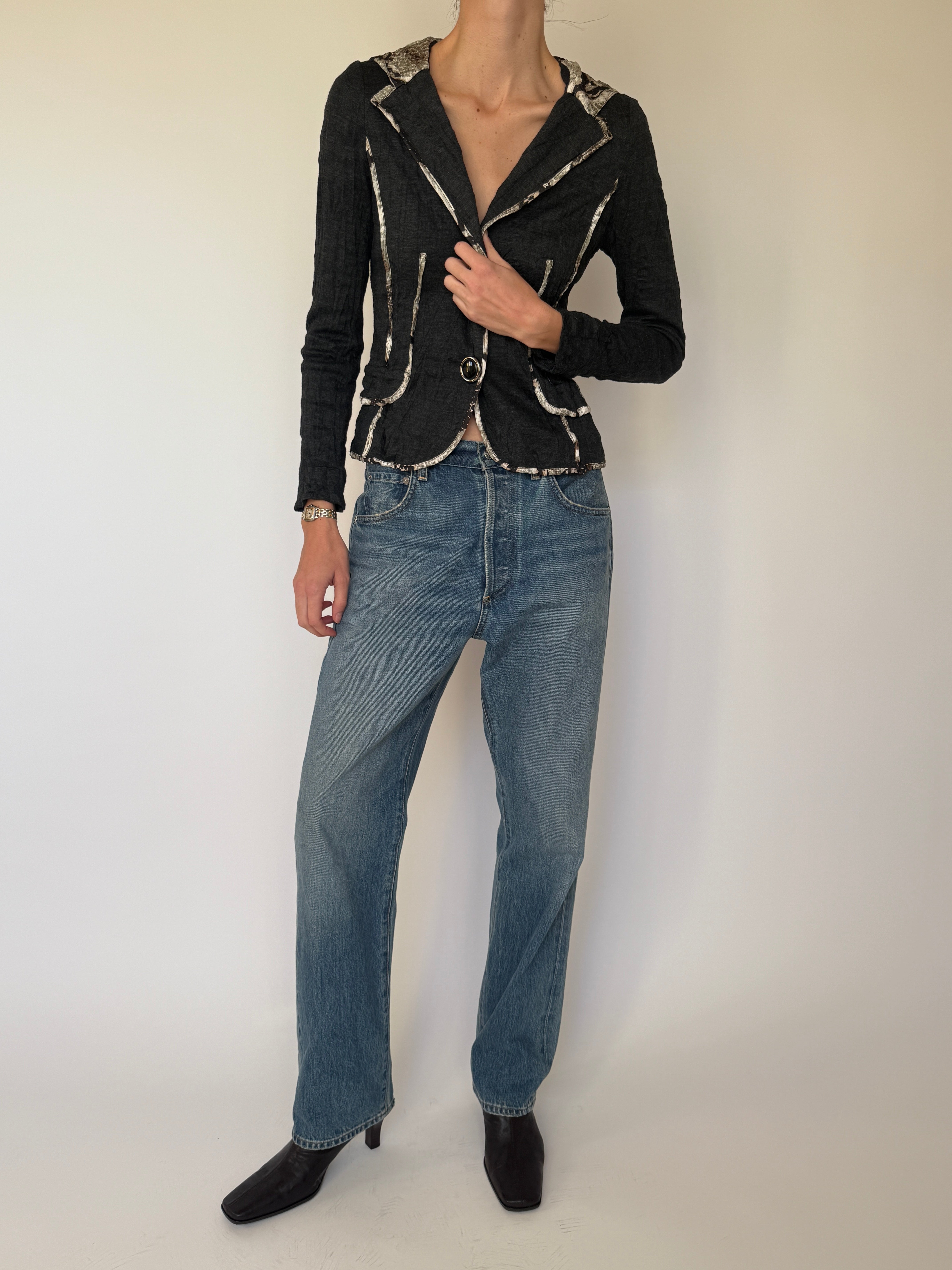 Vintage Fitted Blazer/Jacket with Hood in Black & Snake Print