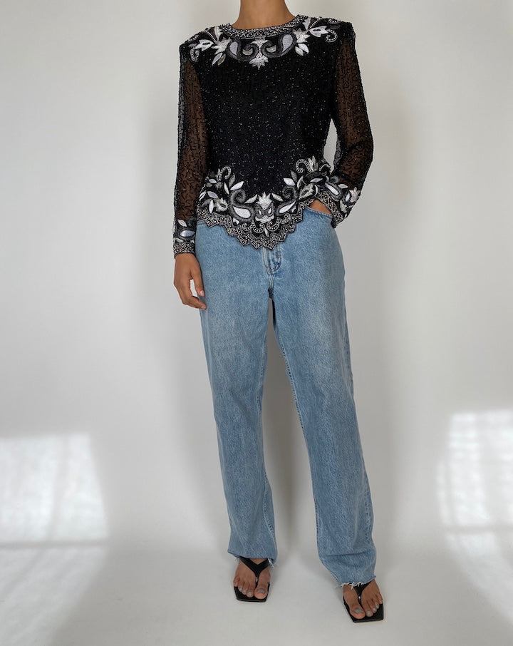 VINTAGE BLACK BEADED LONG SLEEVE TOP 2578