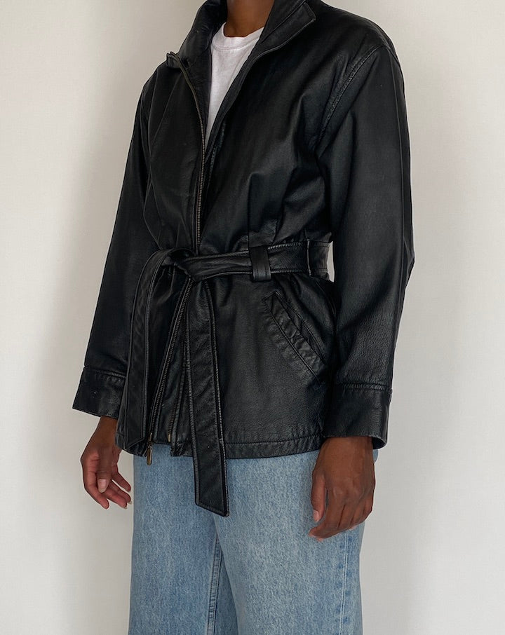 VINTAGE BLACK SHORT TRENCH LEATHER JACKET 4027
