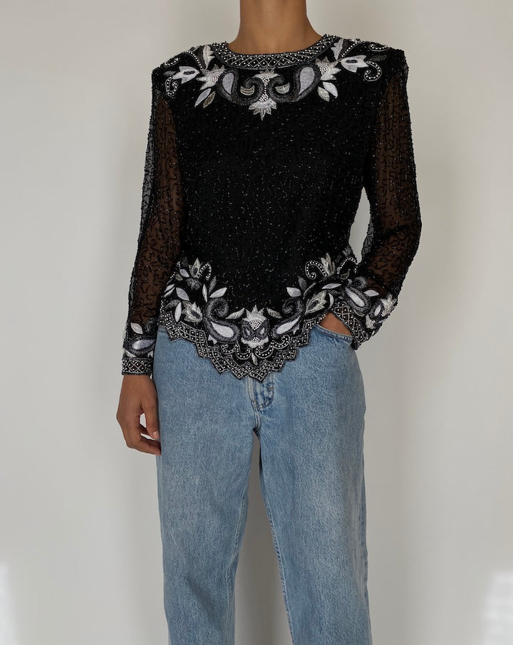 VINTAGE BLACK BEADED LONG SLEEVE TOP 2578