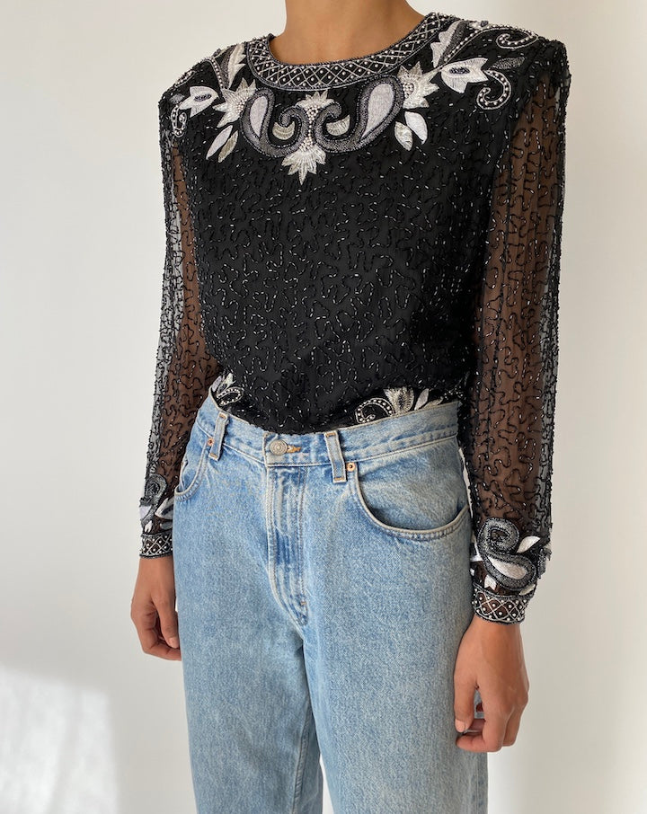 VINTAGE BLACK BEADED LONG SLEEVE TOP 2578