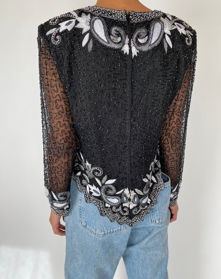 VINTAGE BLACK BEADED LONG SLEEVE TOP 2578