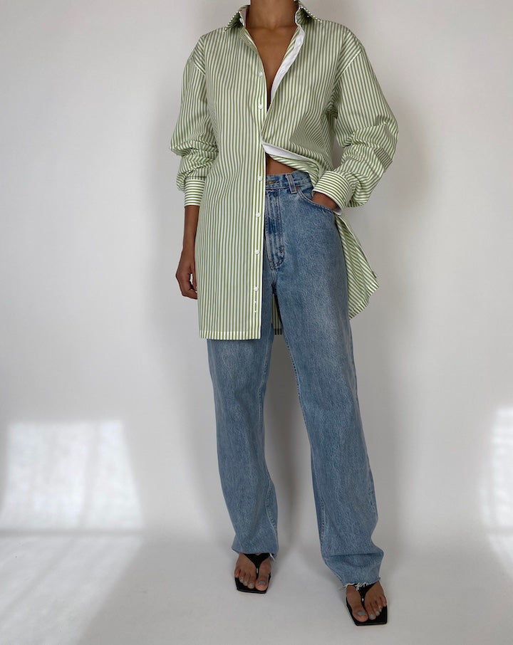 VINTAGE OVERSIZED GREEN AND WHITE STRIPED COTTON SHIRT 2579