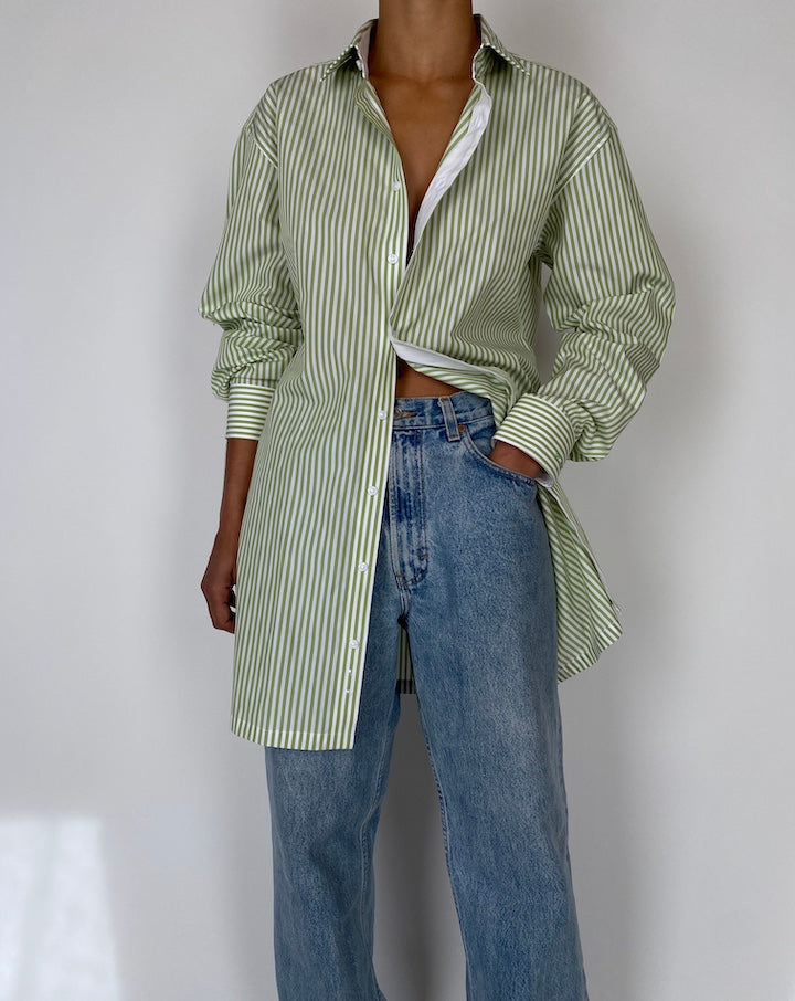 VINTAGE OVERSIZED GREEN AND WHITE STRIPED COTTON SHIRT 2579