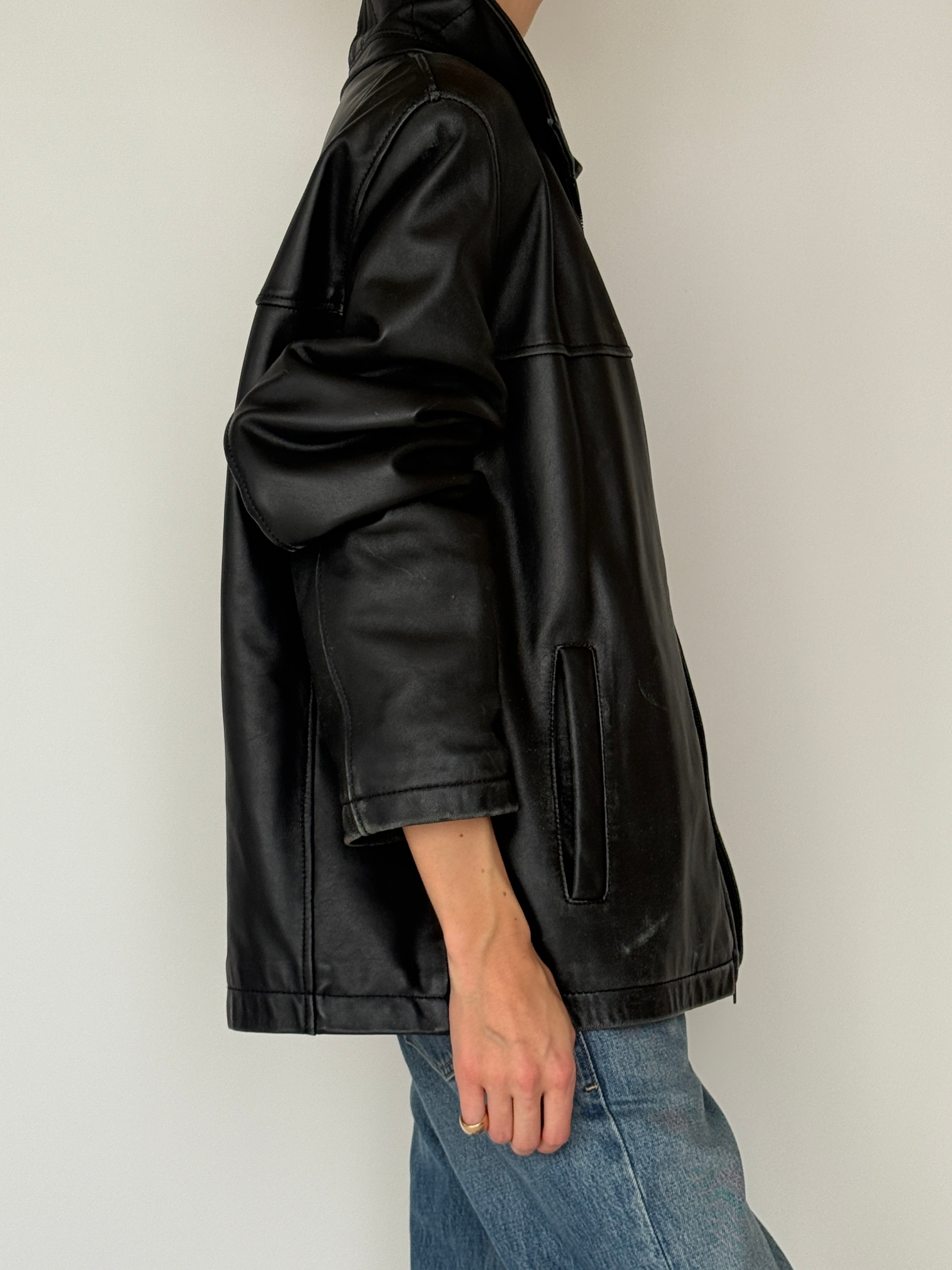 Vintage Tommy Hilfiger black leather zip jacket side view